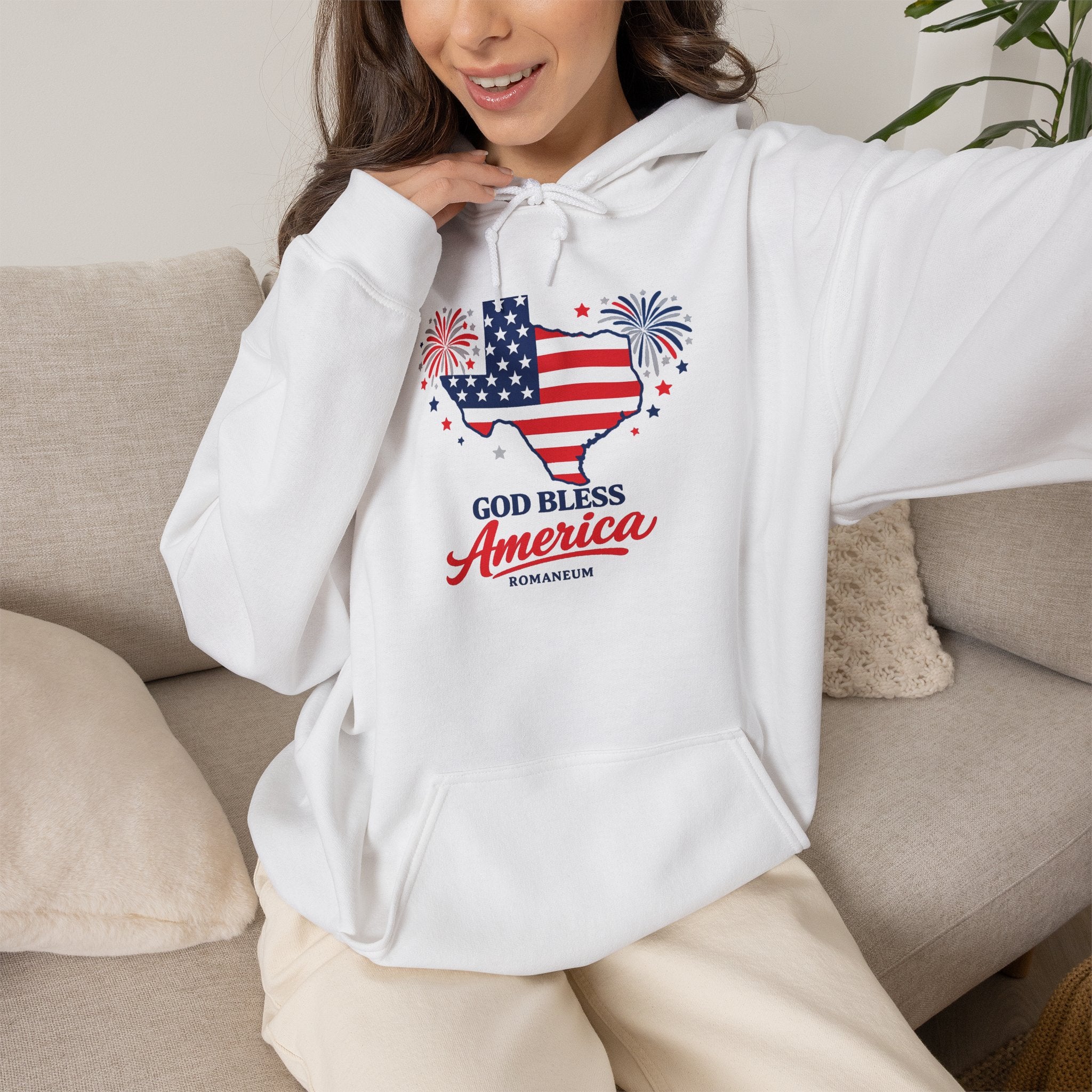 Romaneum God Bless America flag map Hoodie | American flag fireworks sleeve