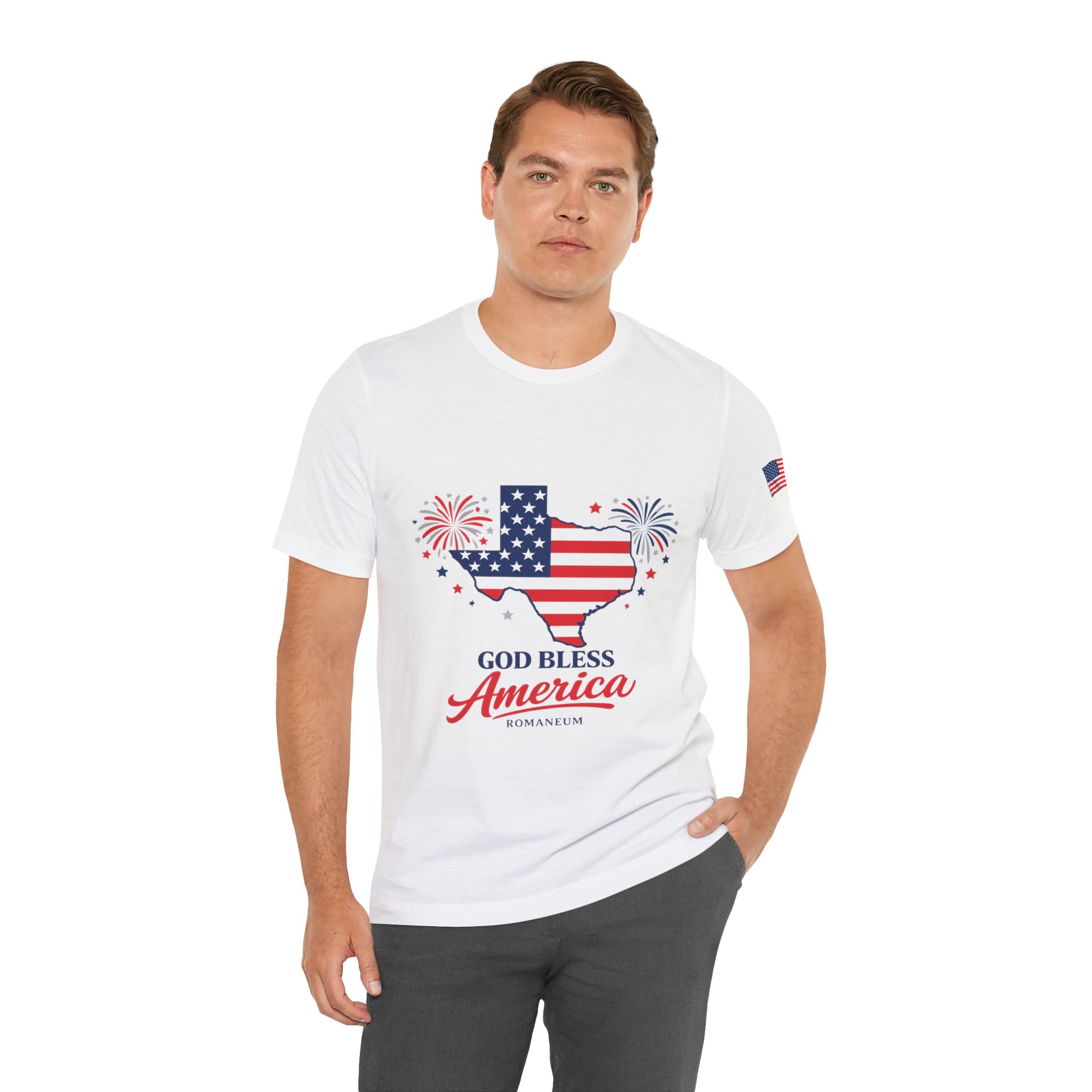 Romaneum God Bless America map tee | American flag outline, fireworks, patriotic shirt