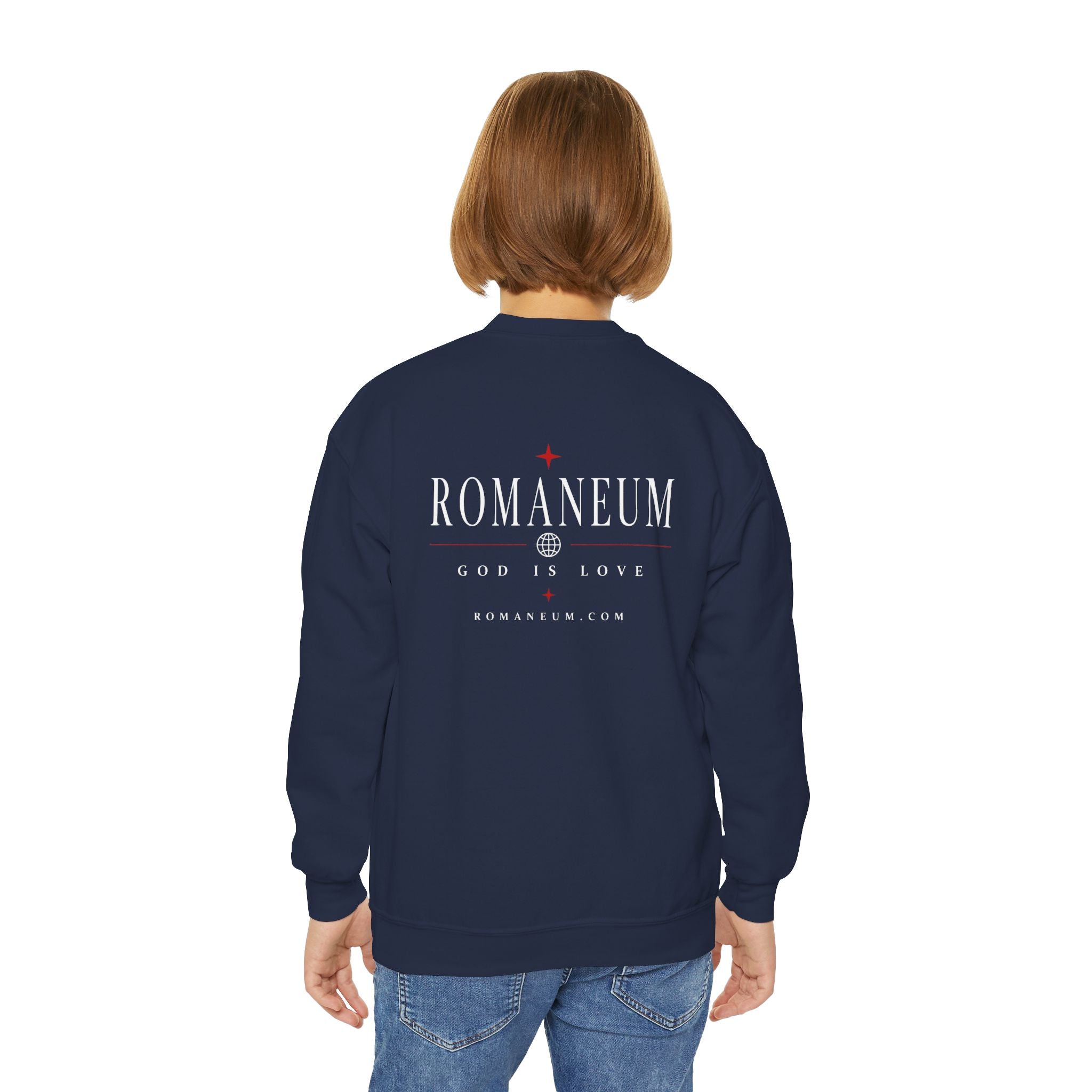 Romaneum Amor Crewneck Sweatshirt — “AMOR/ROMA” God Is Love Youth Pullover