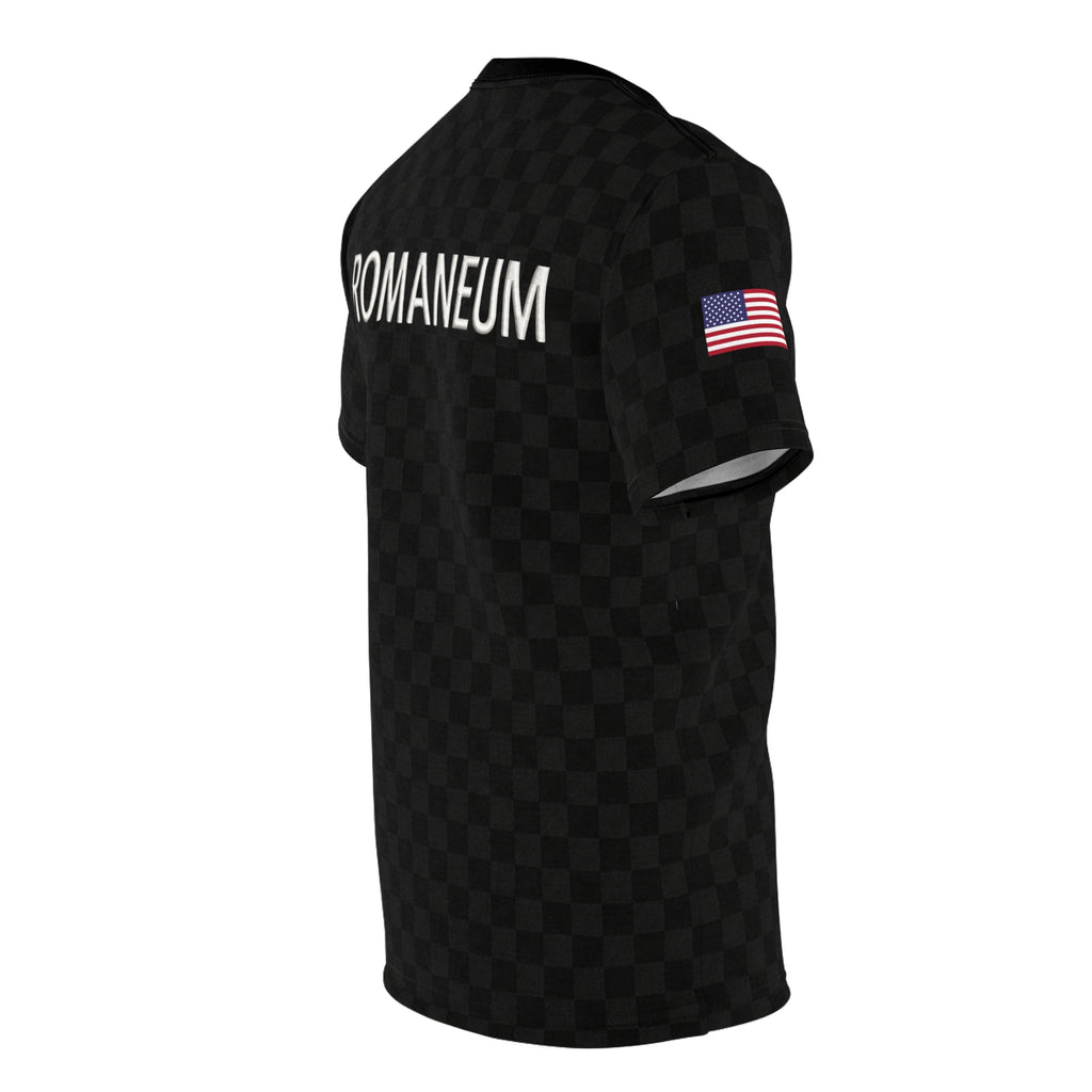 Black Checkered 'ROMANEUM' Logo Tee — All-Over Print Cut & Sew Shirt
