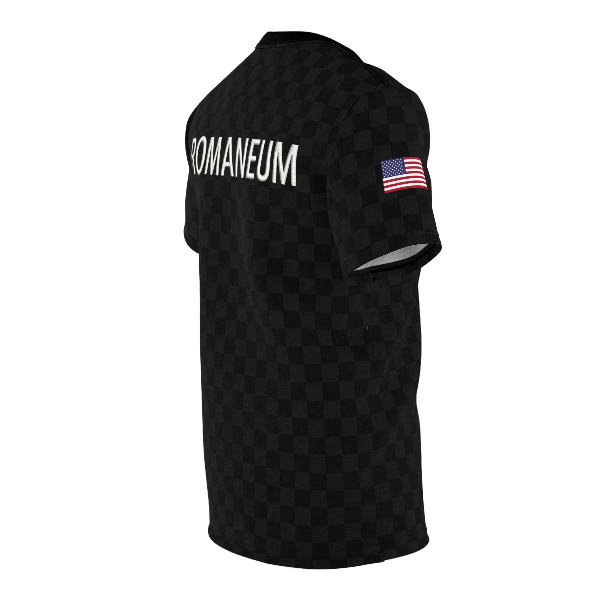 Black Checkered 'ROMANEUM' Logo Tee — All-Over Print Cut & Sew Shirt