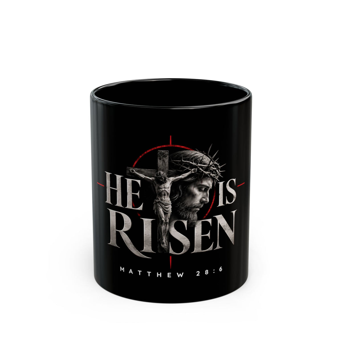 He Is Risen Black Mug – Matthew 28:6 Easter Coffee Cup