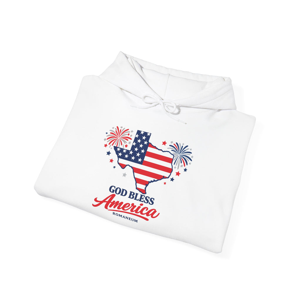 Romaneum God Bless America flag map Hoodie | American flag fireworks sleeve