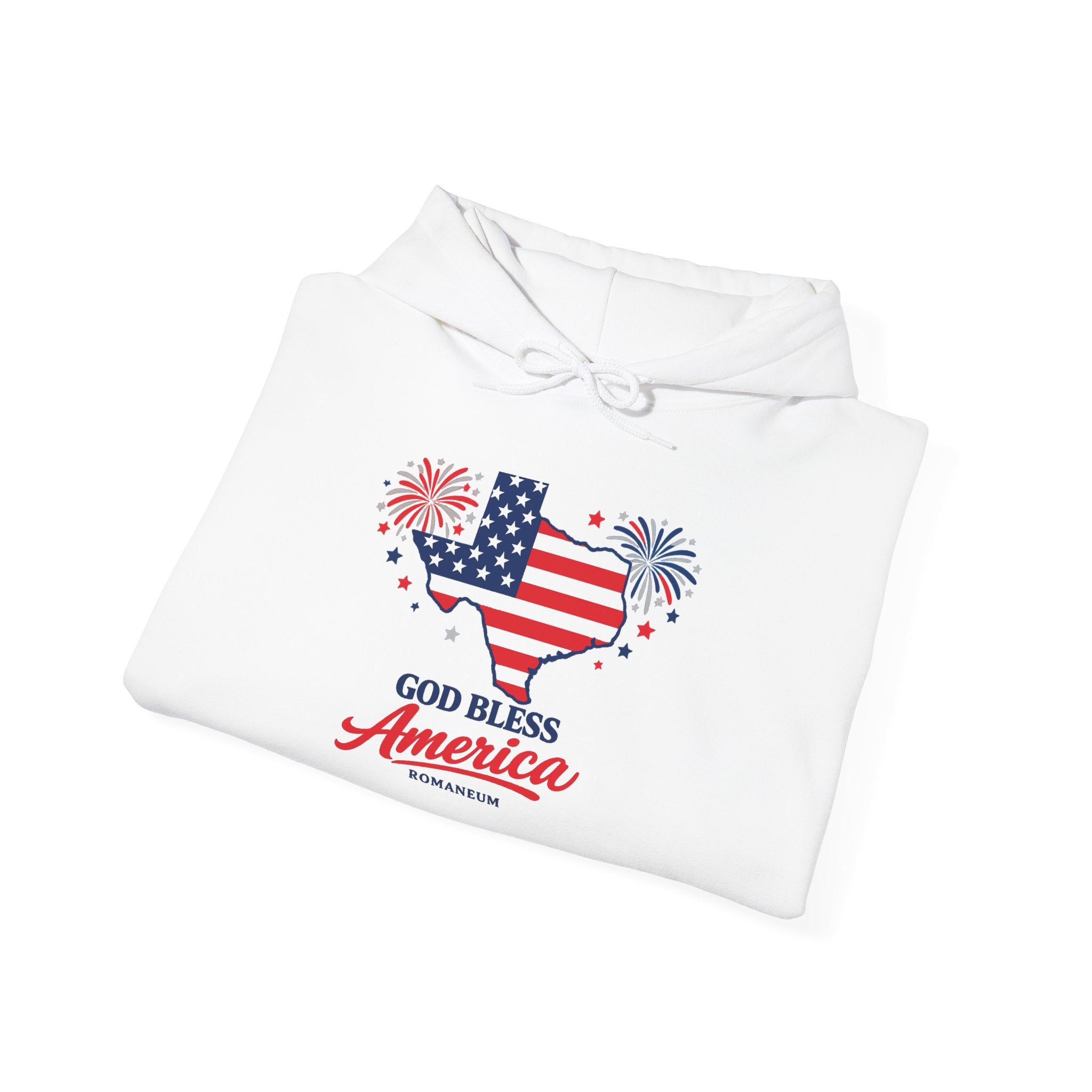 Romaneum God Bless America flag map Hoodie | American flag fireworks sleeve