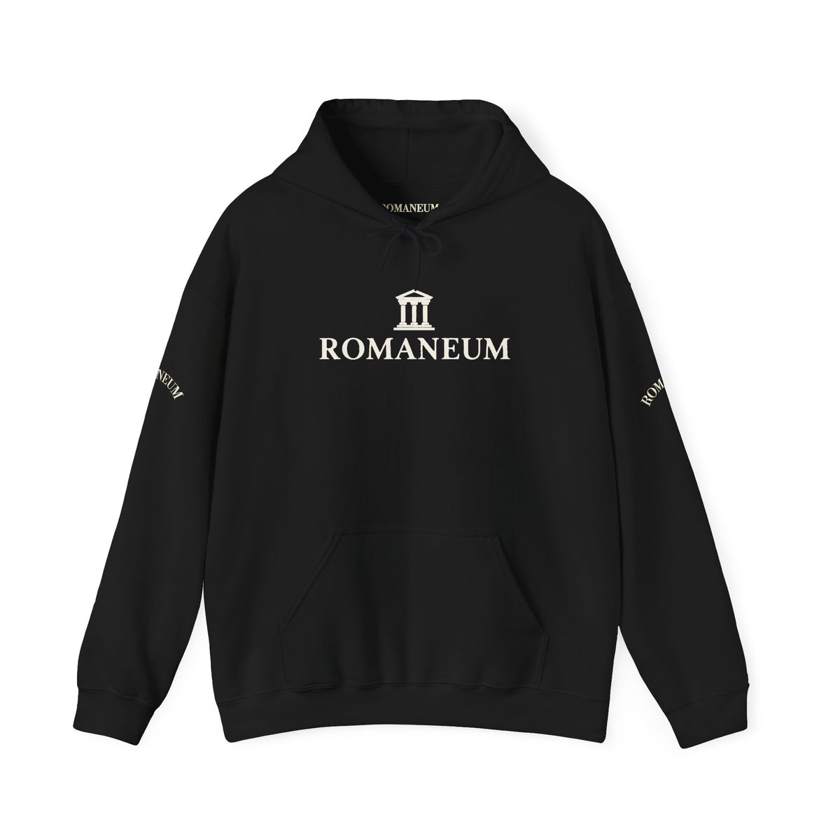 Romaneum Logo Hoodie – Classic Black Pullover with Roman Temple Design