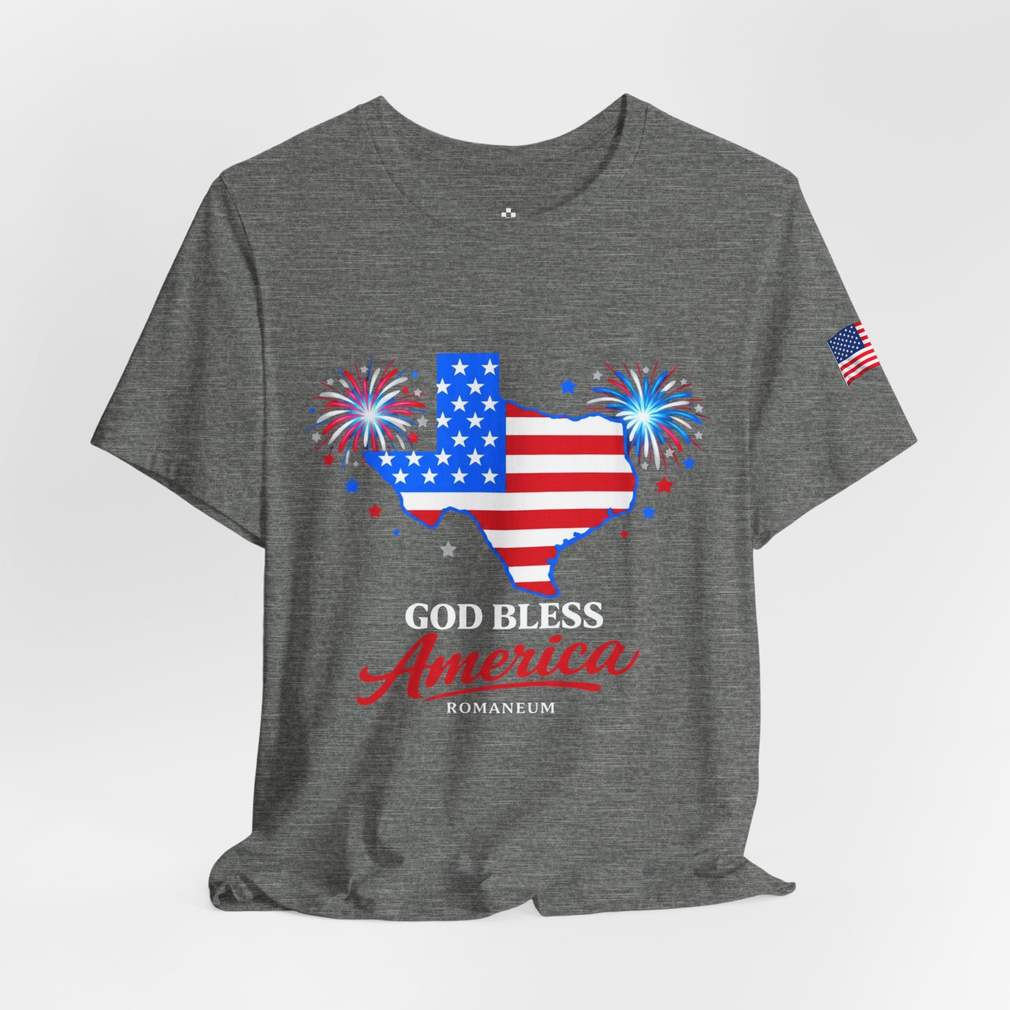 Romaneum God Bless America map tee | American flag outline, fireworks, patriotic shirt