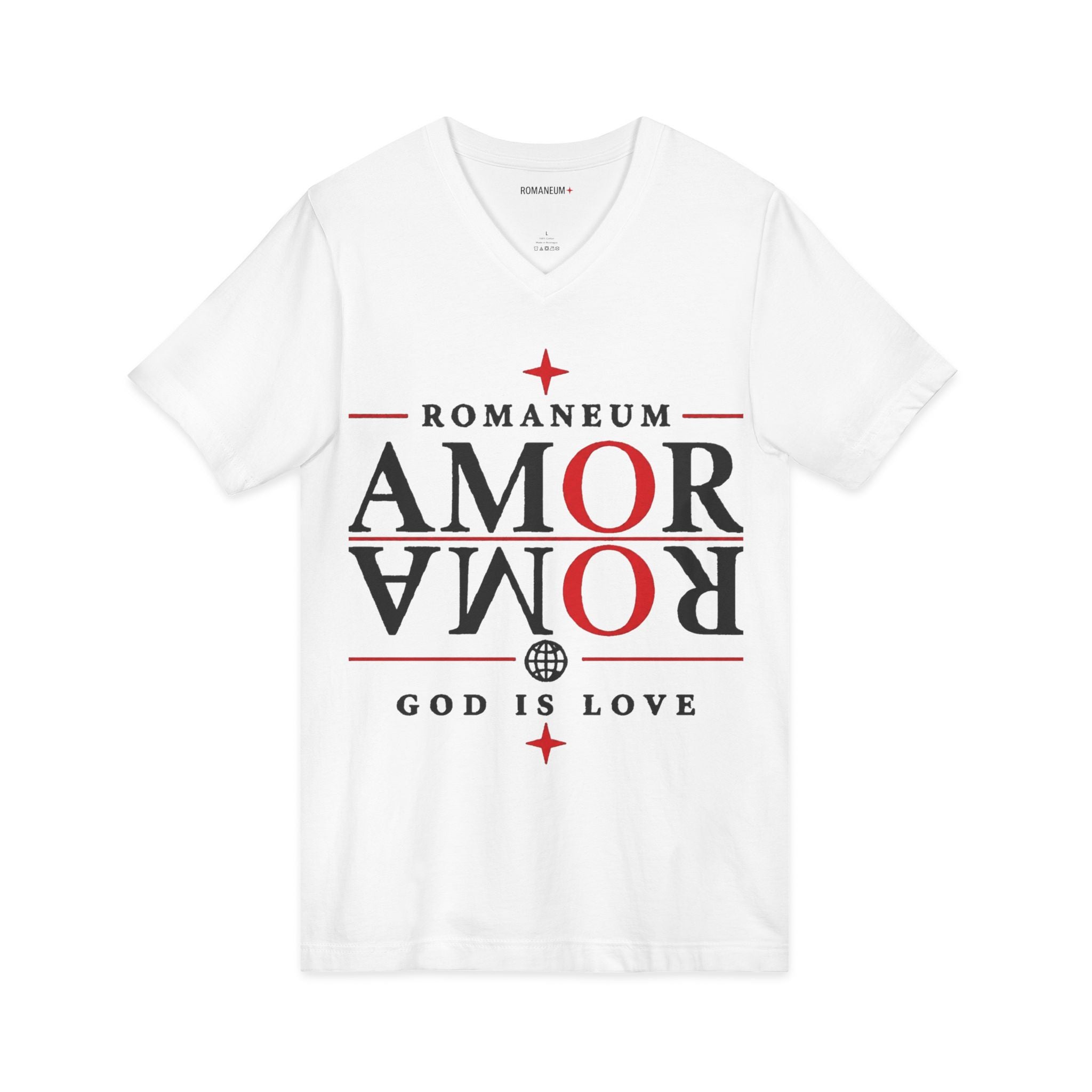 Romaneum "Amor/Roma" V-Neck Tee — God Is Love Christian Graphic Shirt