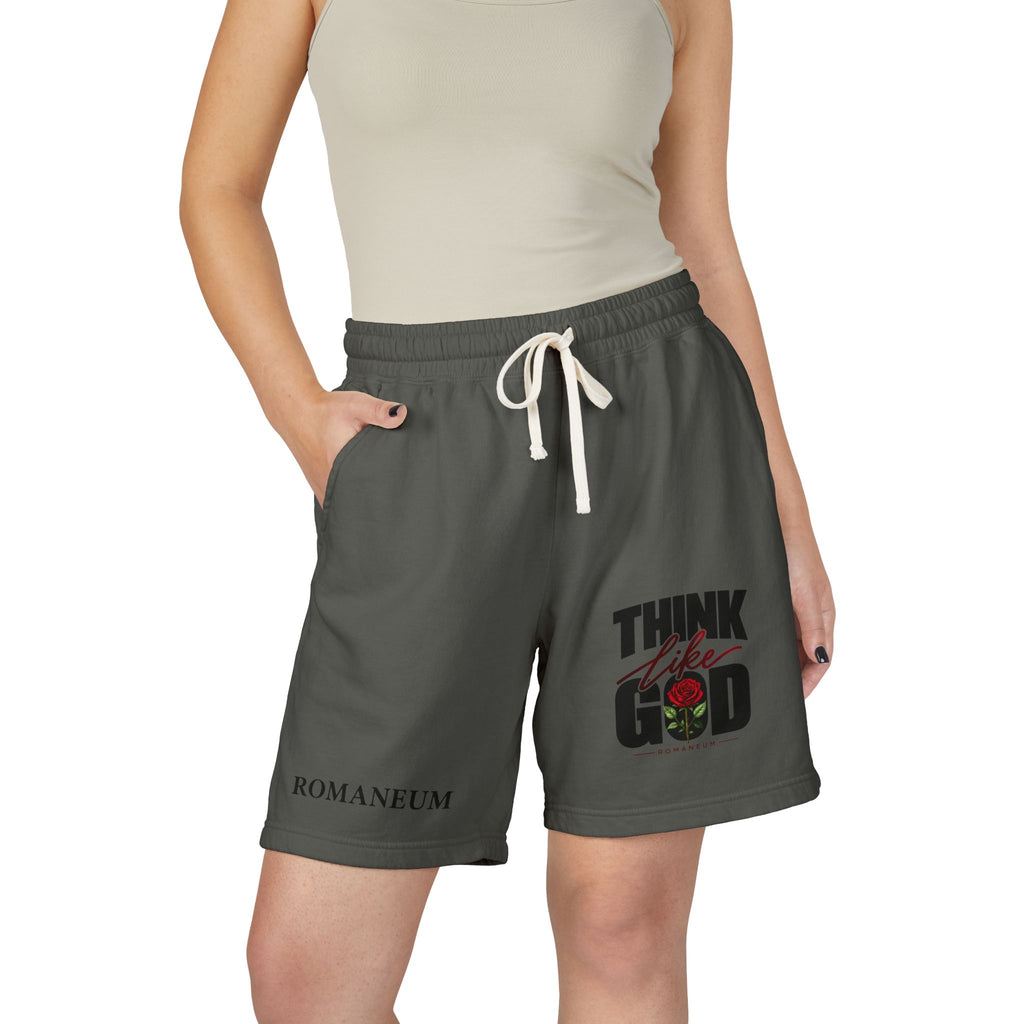 Think Like God Sweat Shorts — Graphic Fleece Lounge Shorts (Romaneum)