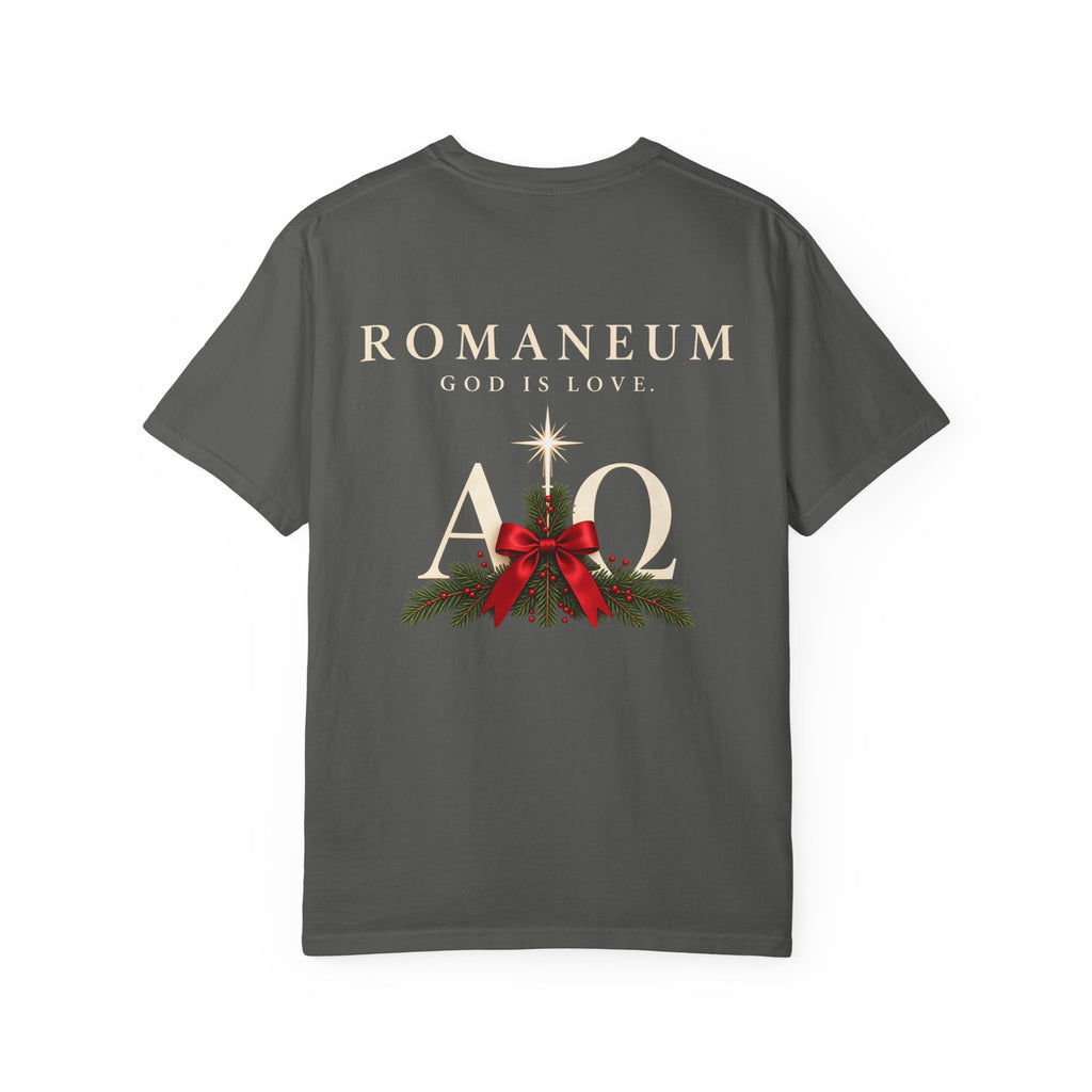 Alpha Omega Christmas T‑Shirt — "Romaneum: Faith Makes Christmas Brighter"