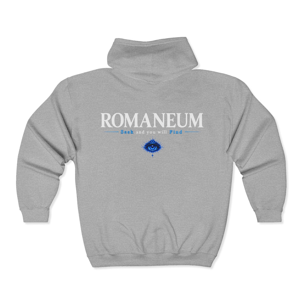 Romaneum Zip Hoodie — "Seek and you will Find" Gothic Logo