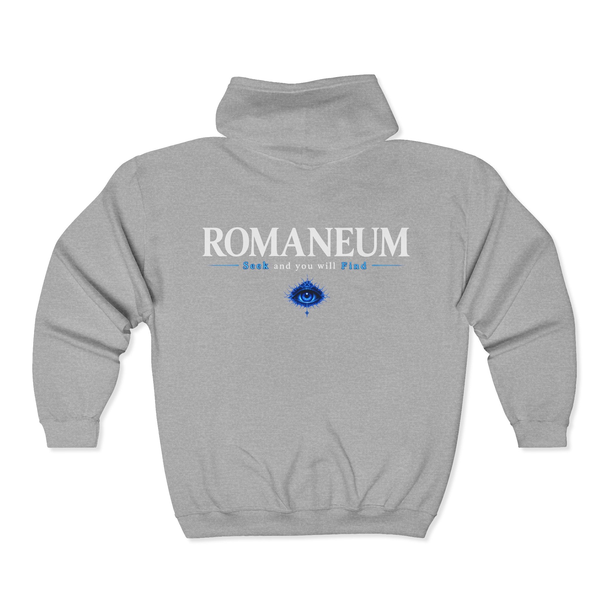 Romaneum Zip Hoodie — "Seek and you will Find" Gothic Logo
