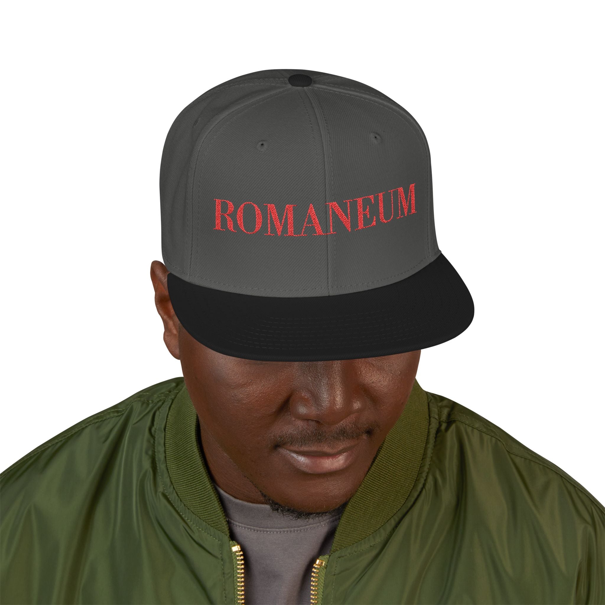 Embroidered Snapback Cap — Red Vintage 'ROMANEUM' Text