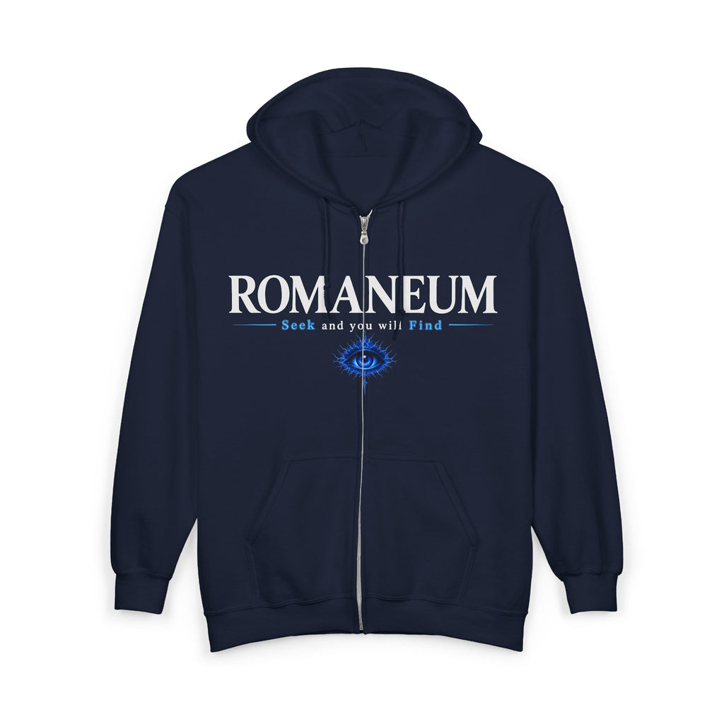 Romaneum Zip Hoodie — "Seek and you will Find" Gothic Logo