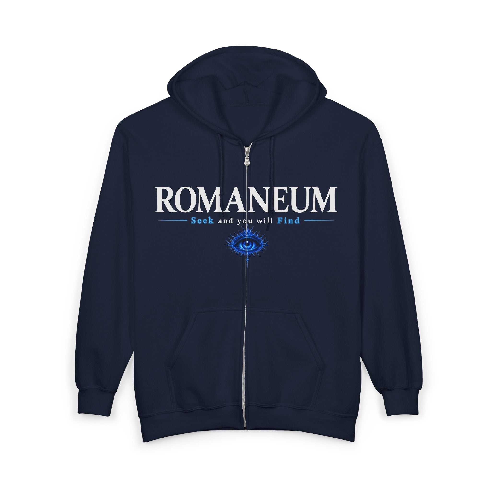 Romaneum Zip Hoodie — "Seek and you will Find" Gothic Logo