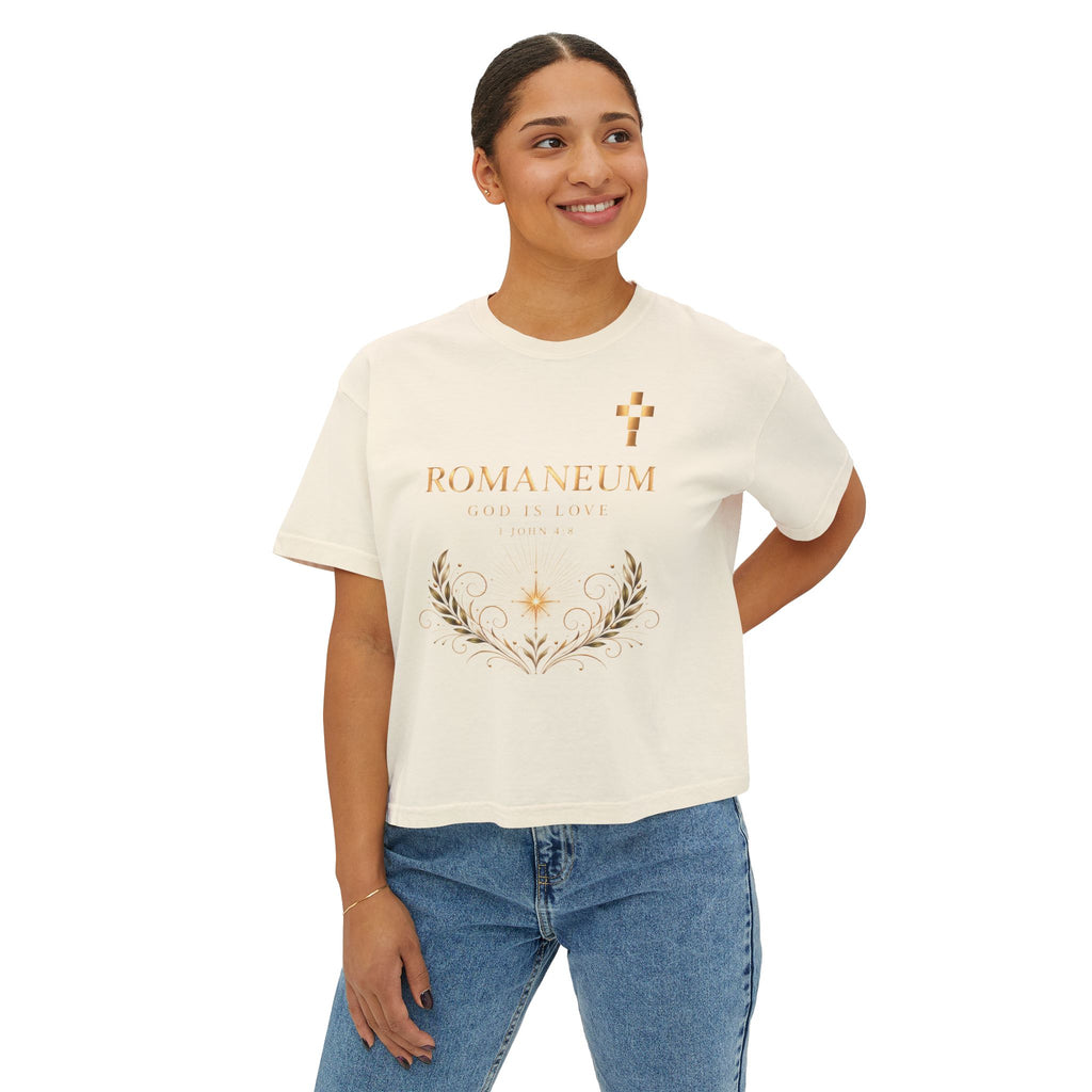 Romaneum Women's Boxy Tee — Gold Cross & Heart Spiritual Graphic