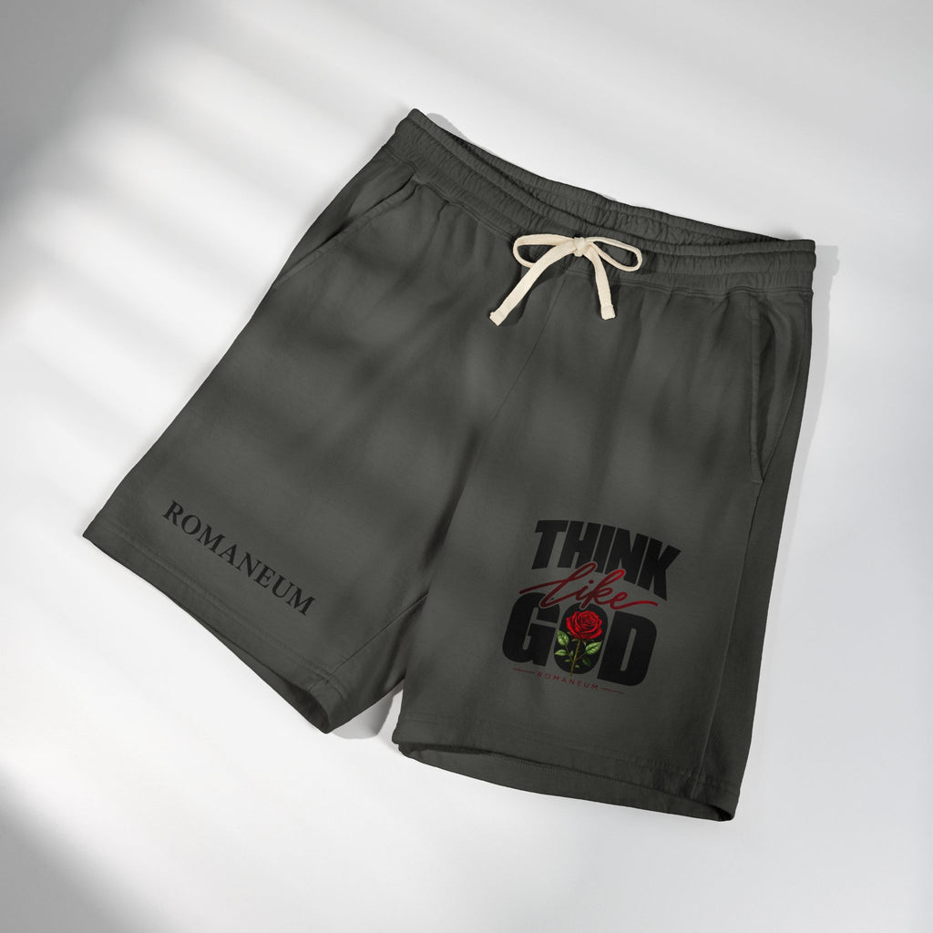 Think Like God Sweat Shorts — Graphic Fleece Lounge Shorts (Romaneum)