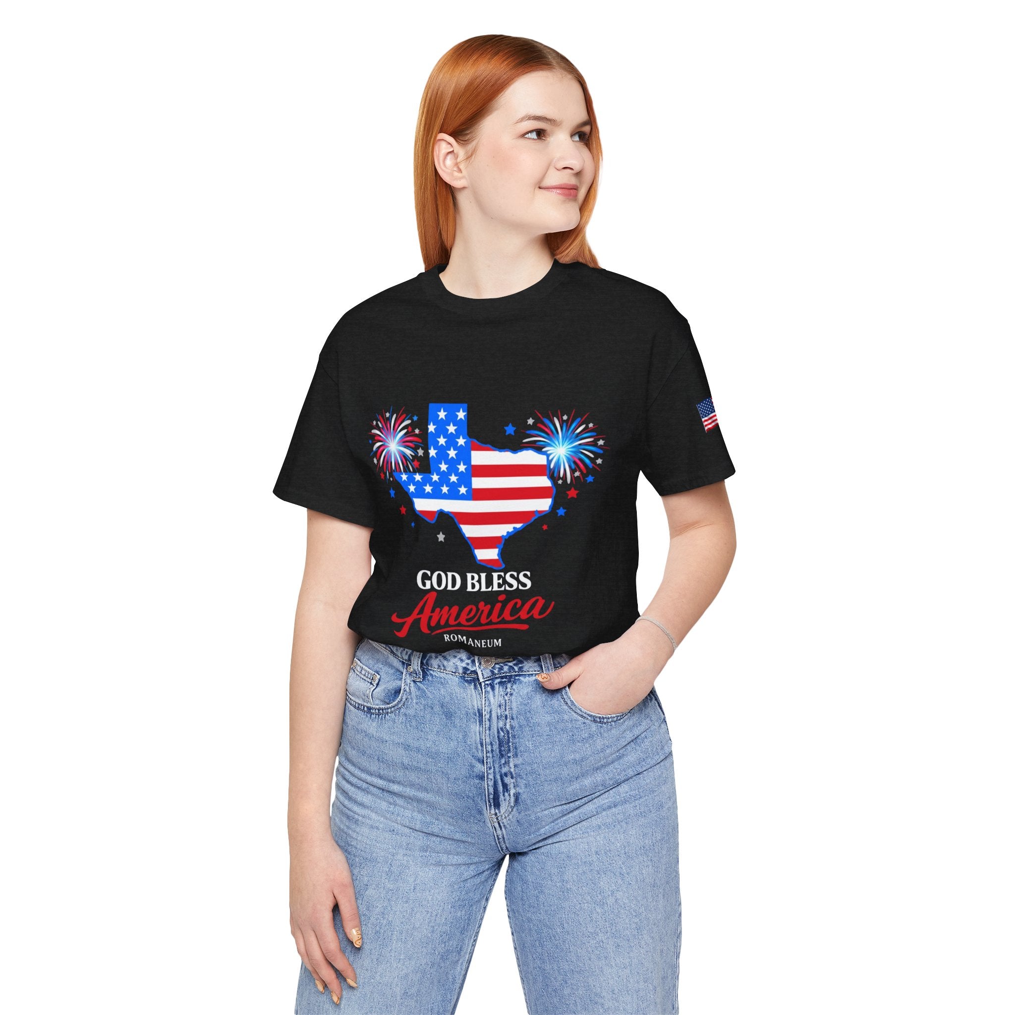 Romaneum God Bless America map tee | American flag outline, fireworks, patriotic shirt