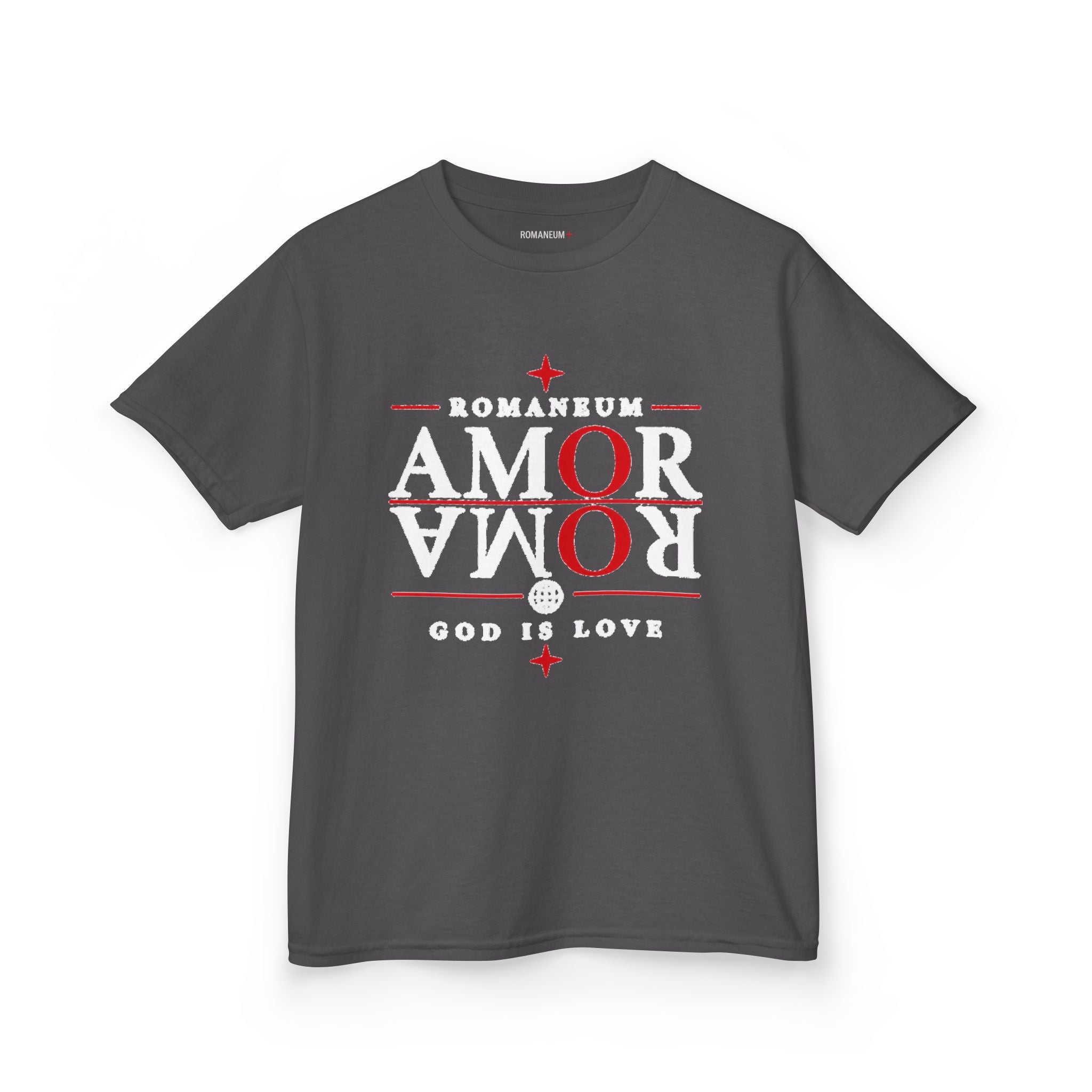 Kids Tee — "Amor Roma / God is Love" Religious Graphic Shirt