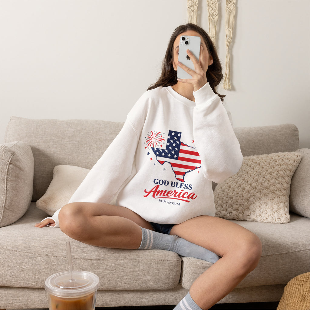 Romaneum God Bless America Flag Heart sweatshirt | Patriotic 4th of July crewneck