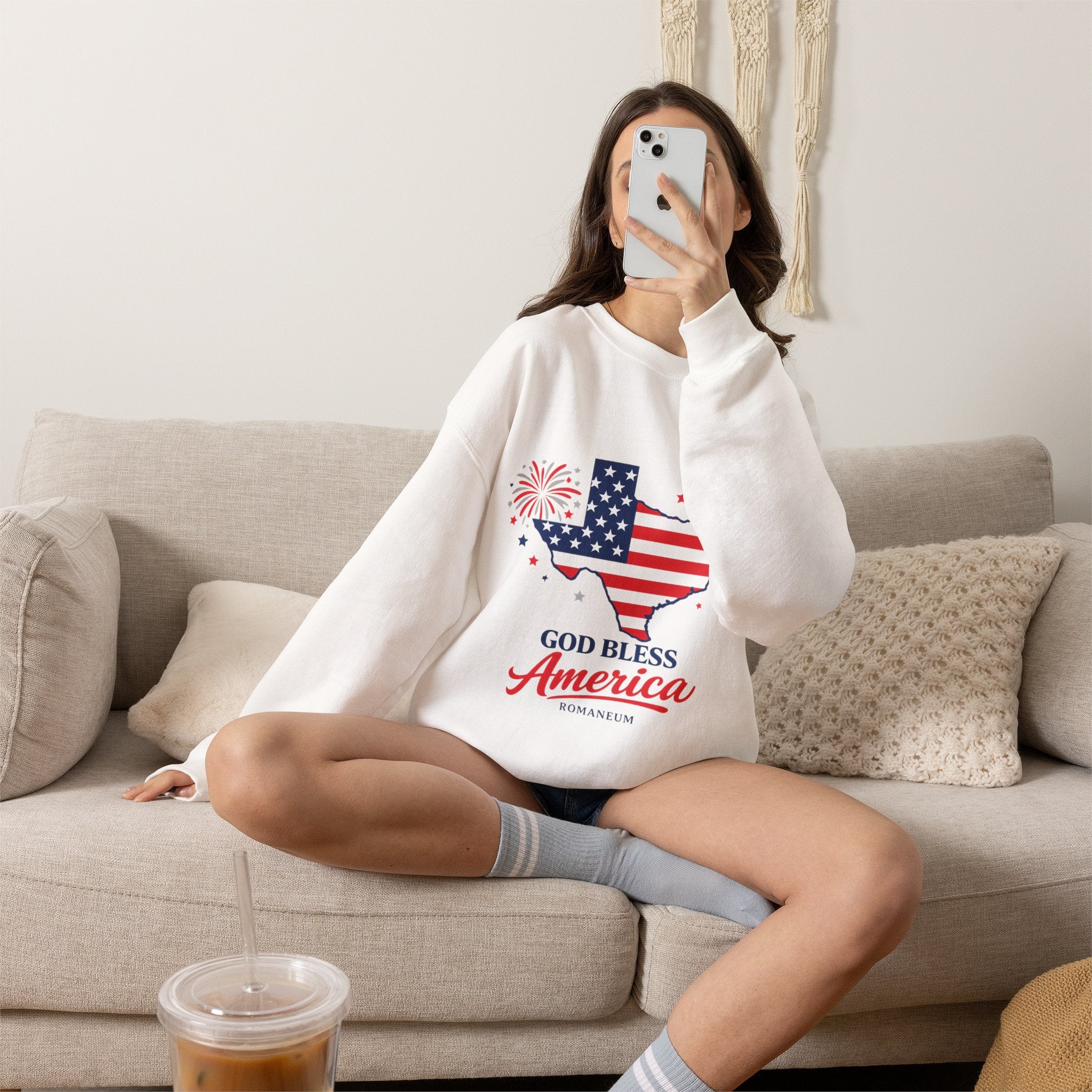 Romaneum God Bless America Flag Heart sweatshirt | Patriotic 4th of July crewneck
