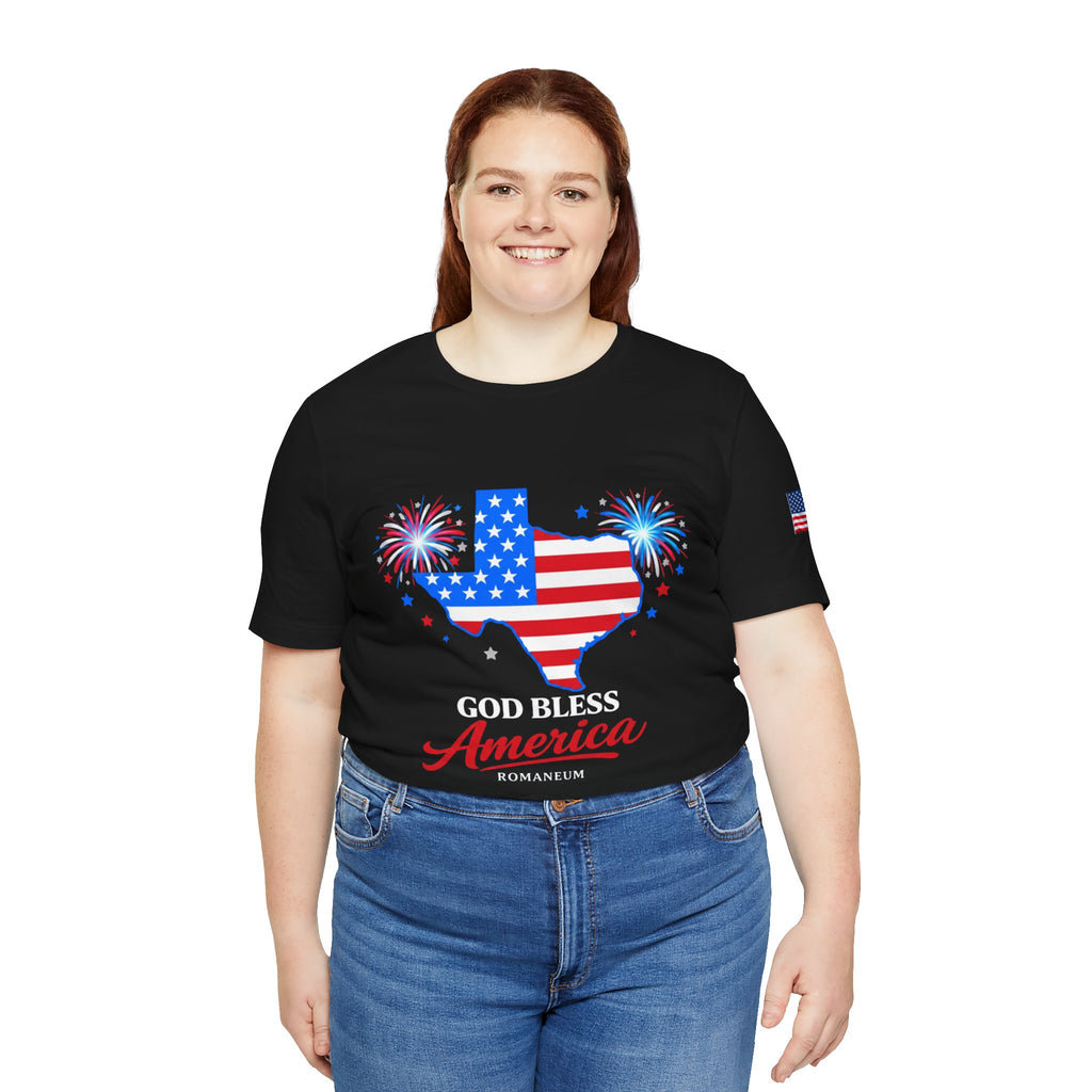 Romaneum God Bless America map tee | American flag outline, fireworks, patriotic shirt