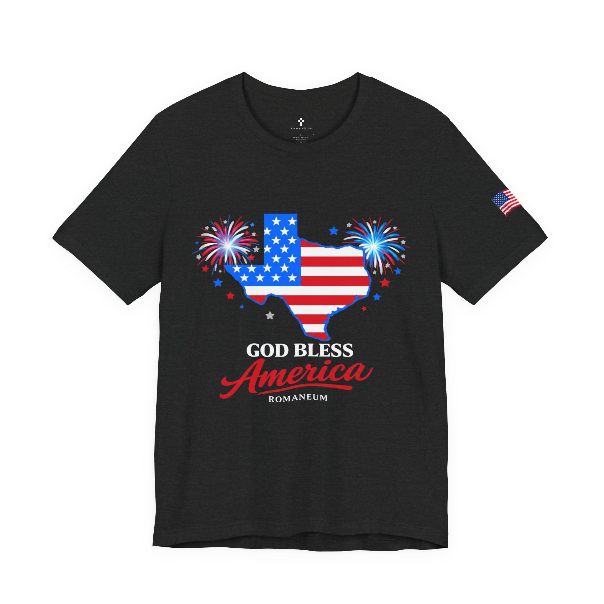 Romaneum God Bless America map tee | American flag outline, fireworks, patriotic shirt