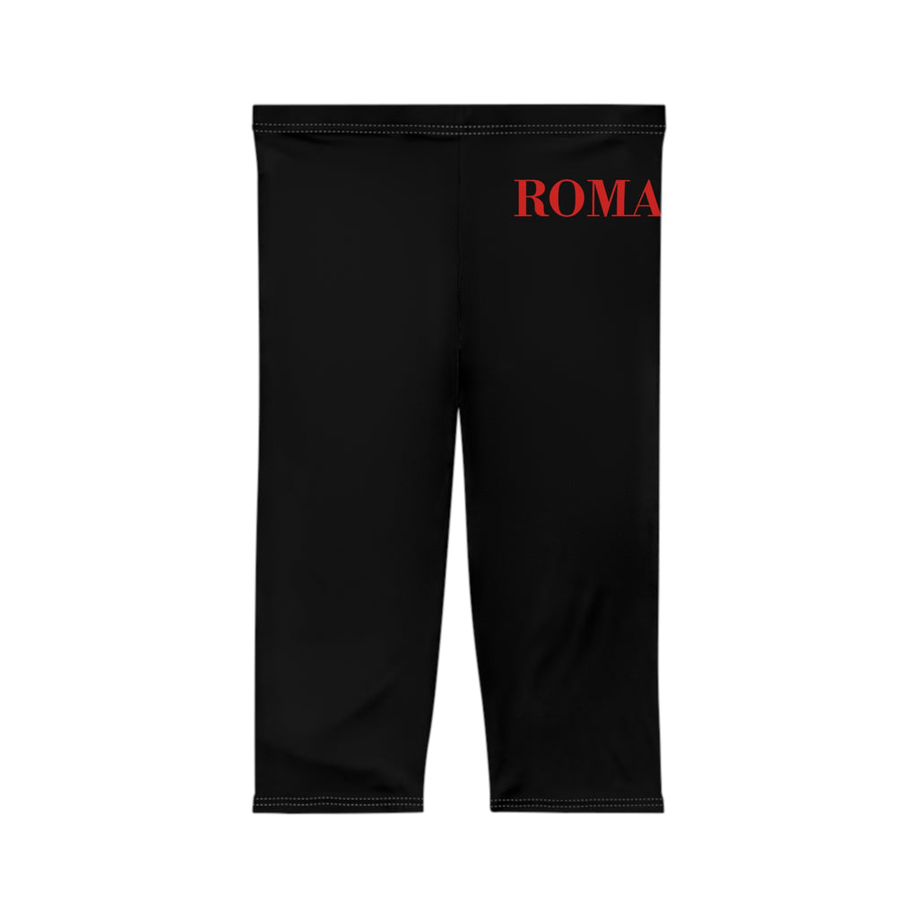 Romaneum Forum Capri Leggings — Black Capri Leggings with ROMANEUM Red Vertical Text
