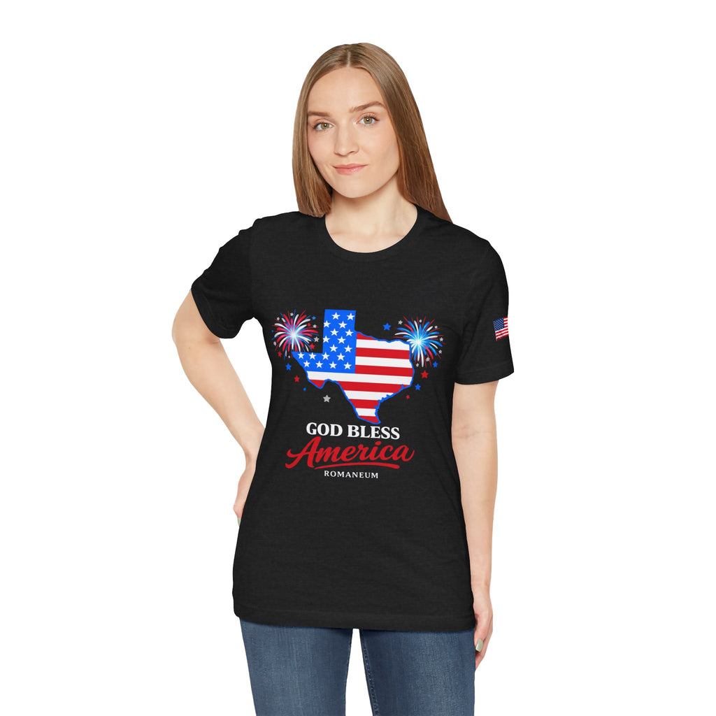 Romaneum God Bless America map tee | American flag outline, fireworks, patriotic shirt