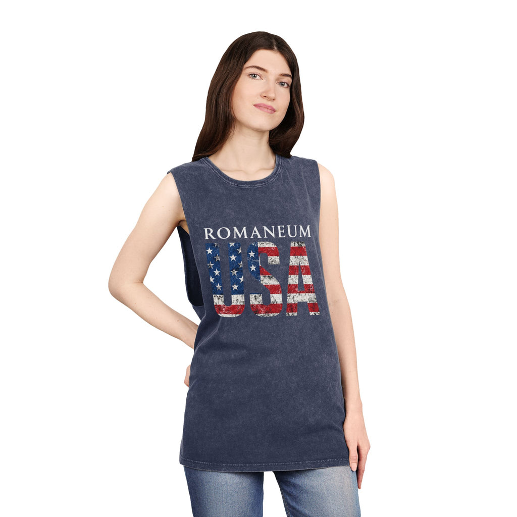 Romanеum USA Stonewash Tank — Vintage American Flag Muscle Tee