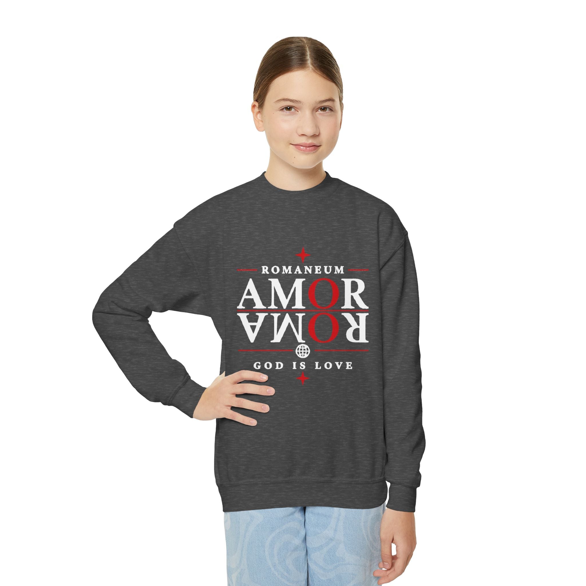 Romaneum Amor Crewneck Sweatshirt — “AMOR/ROMA” God Is Love Youth Pullover
