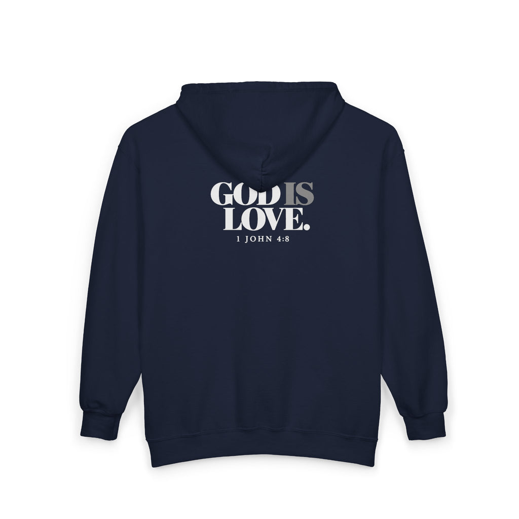 Zip Hoodie — "God Is Love" Full-Zip Sweatshirt (1 John 4:8)