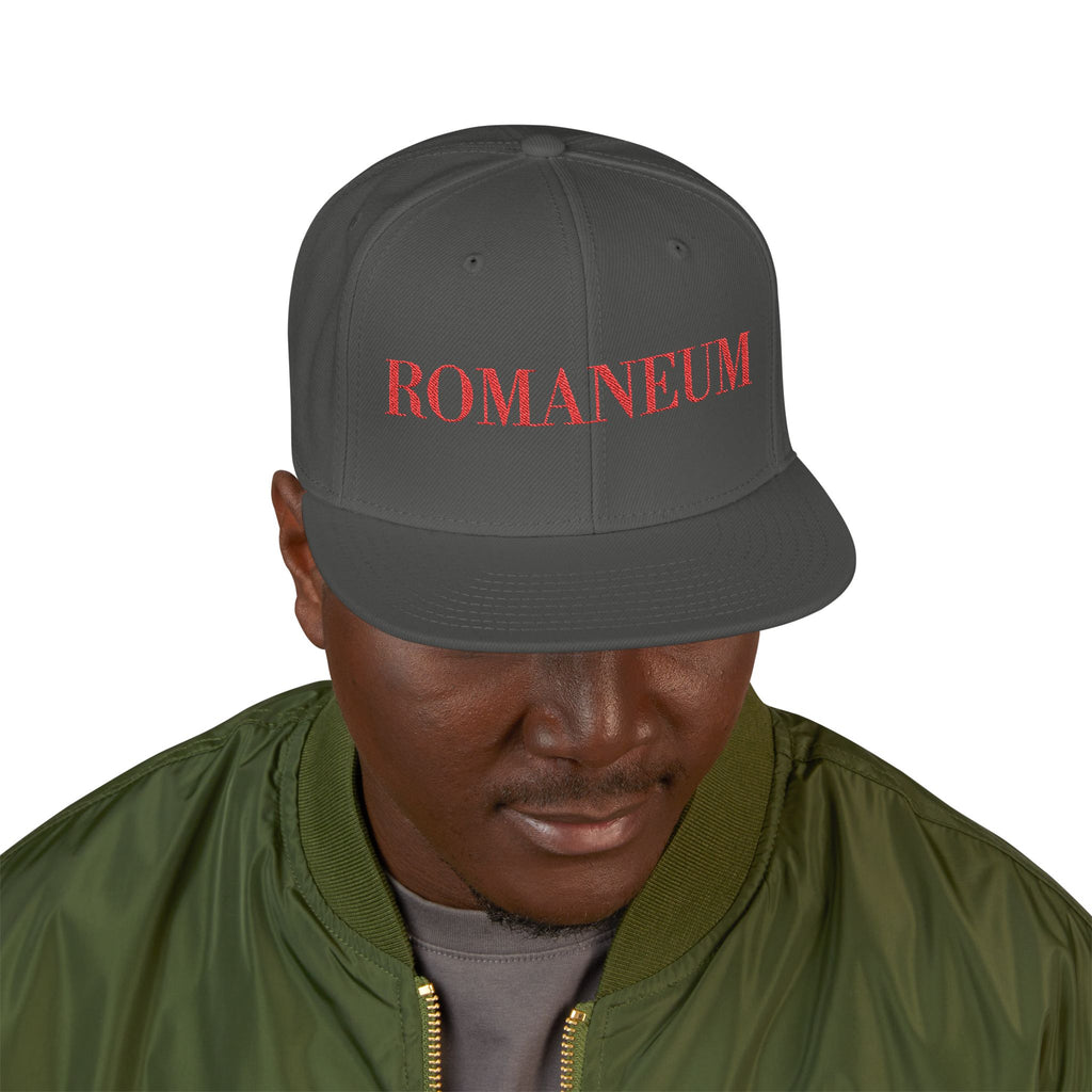 Embroidered Snapback Cap — Red Vintage 'ROMANEUM' Text