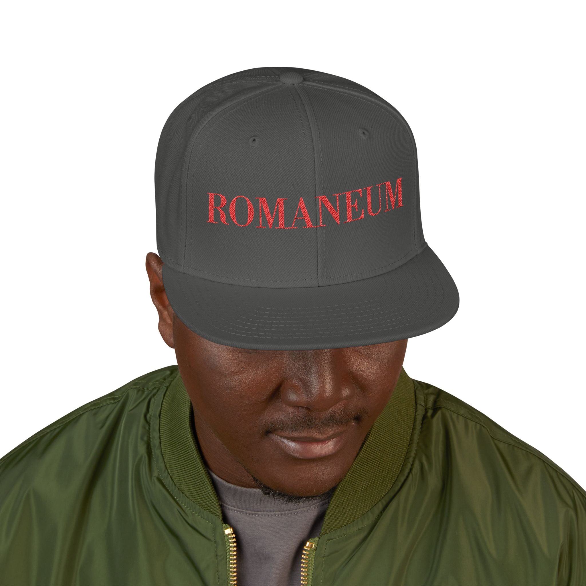Embroidered Snapback Cap — Red Vintage 'ROMANEUM' Text