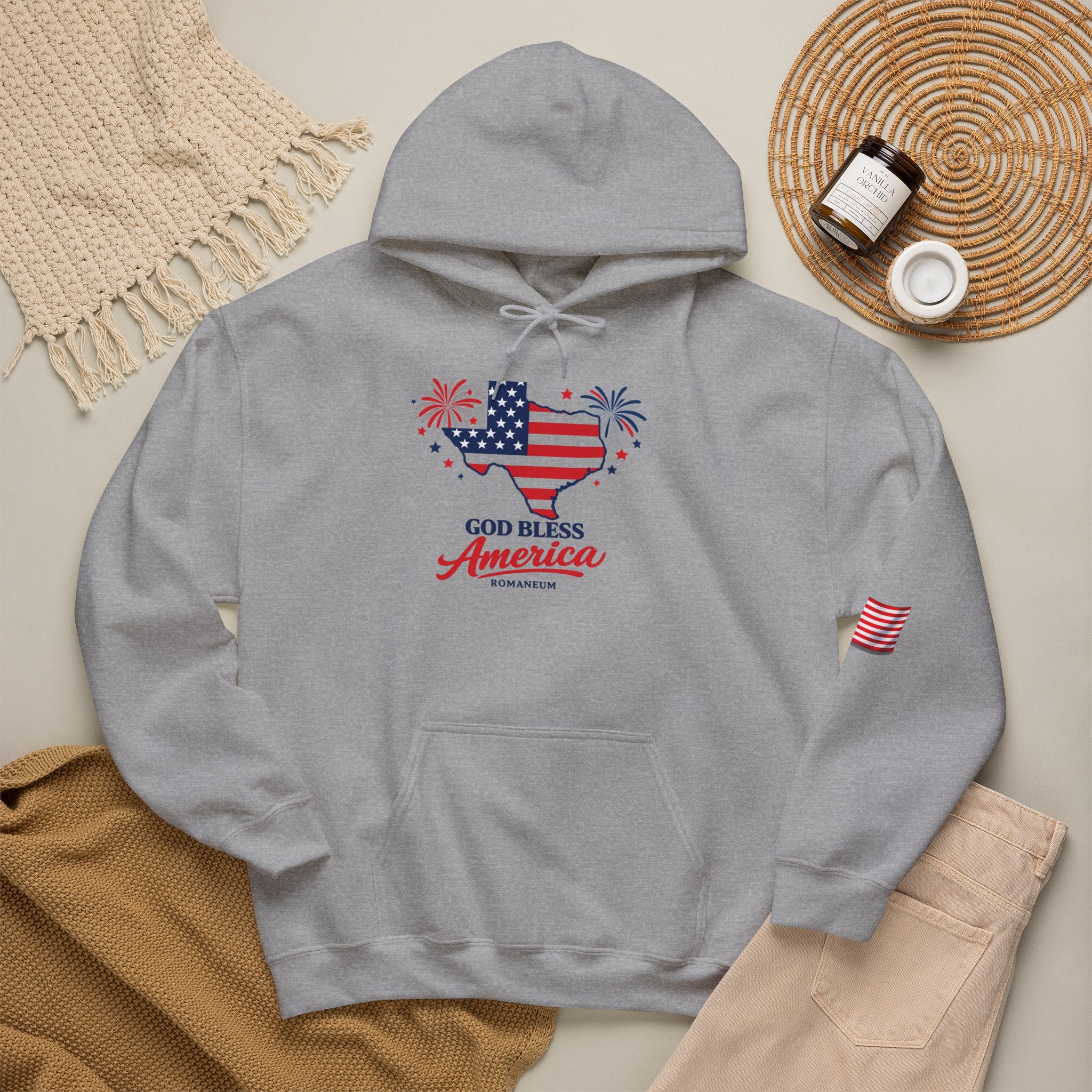 Romaneum God Bless America flag map Hoodie | American flag fireworks sleeve