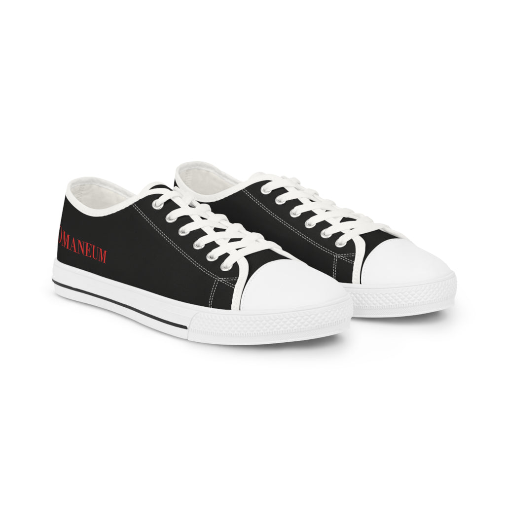 Low Top Sneakers — Black Canvas Casual Shoes with 'ROMA' Red Text