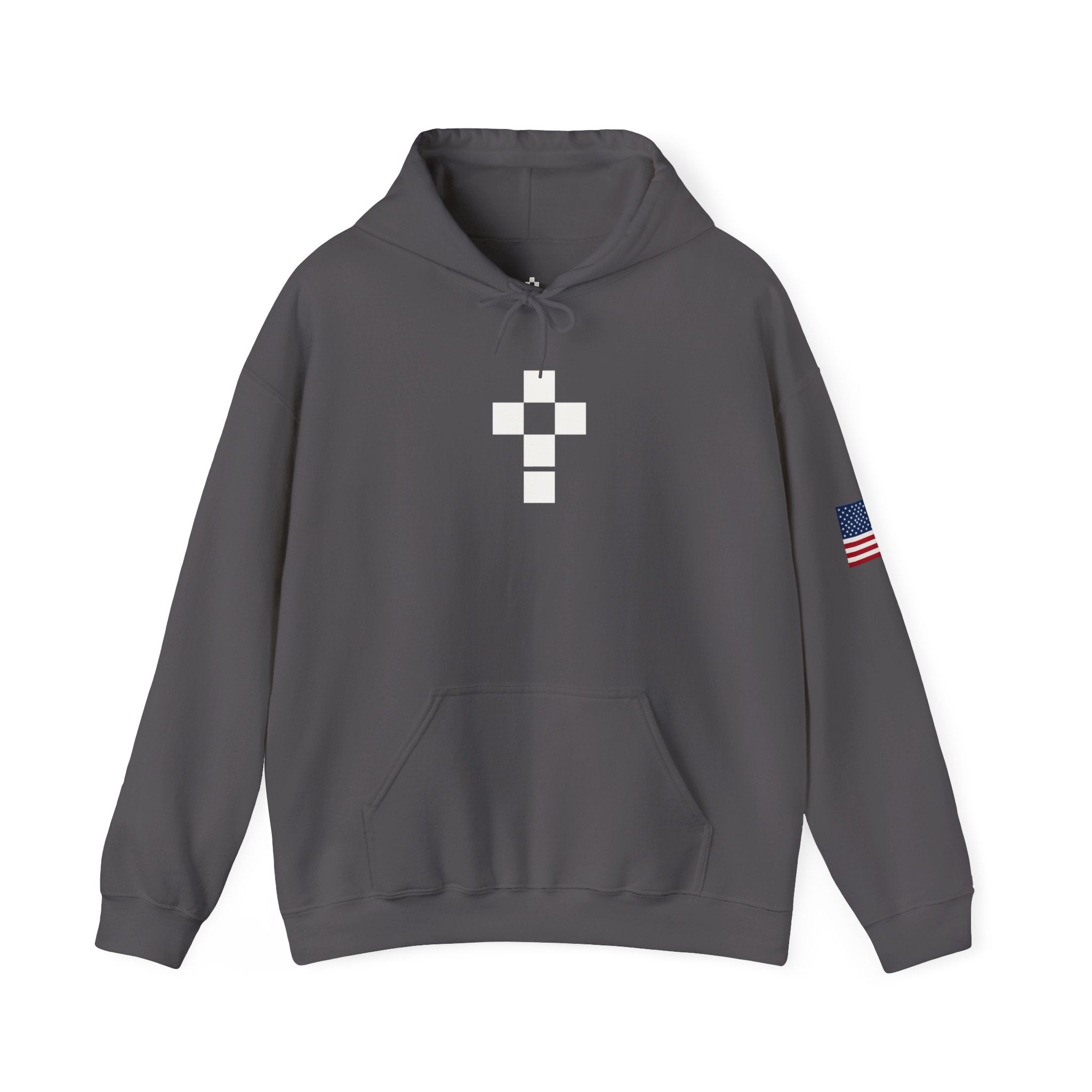Romaneum Pixel Cross Hoodie | Small Black Cross, American Flag Sleeve