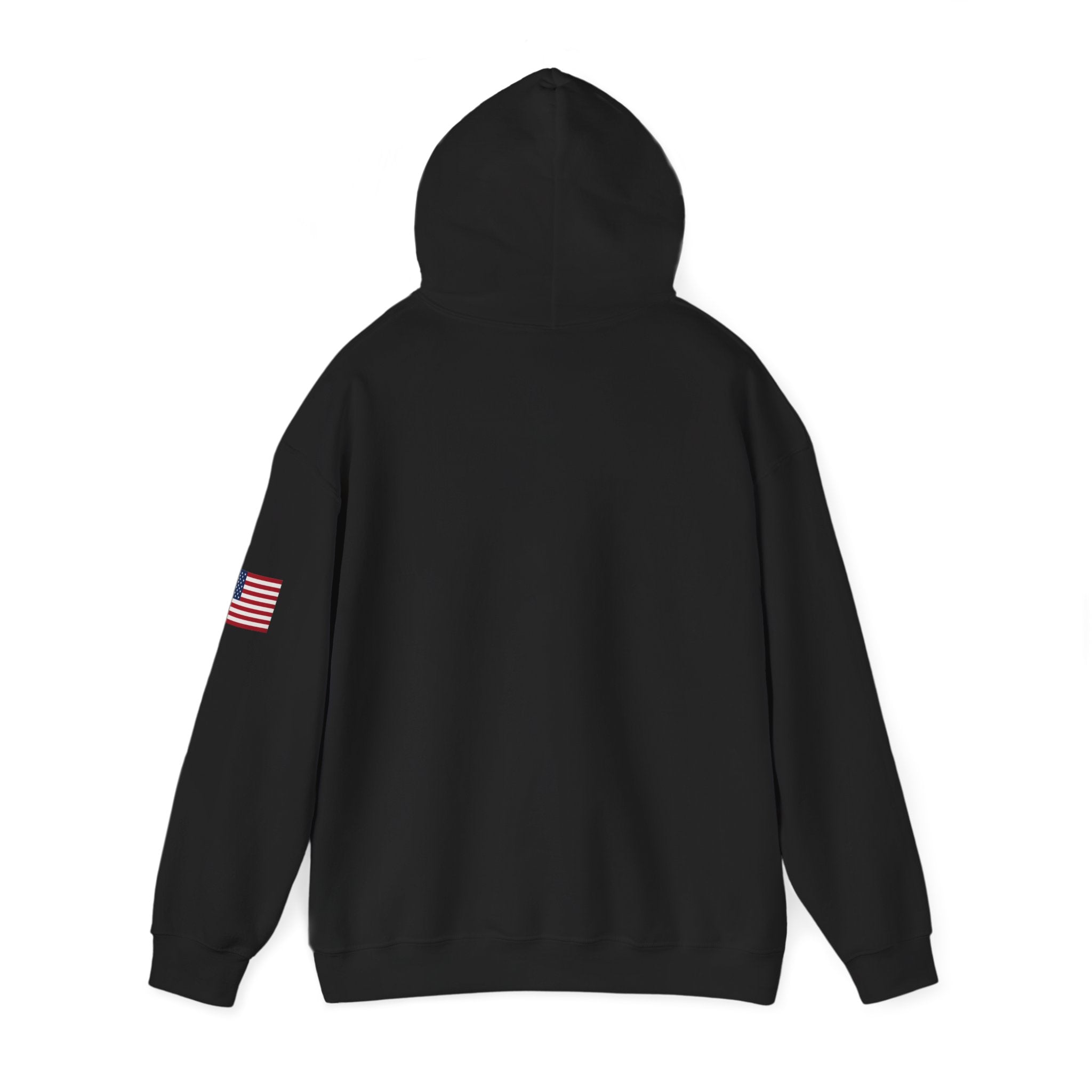 Romaneum Pixel Cross Hoodie | Small Black Cross, American Flag Sleeve