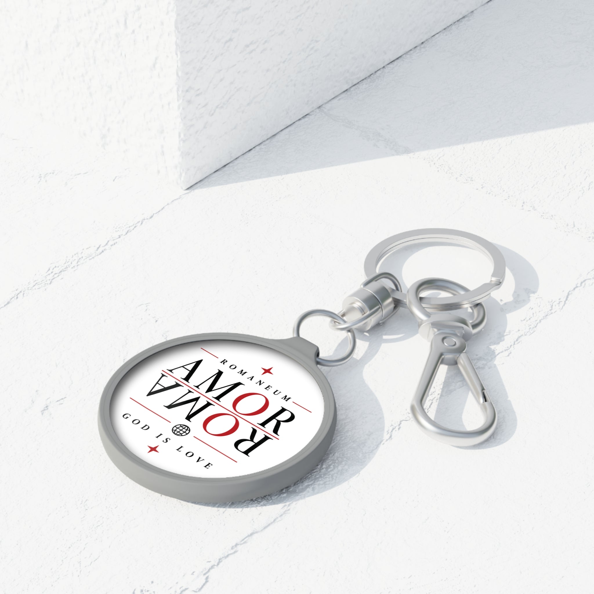 Amor Romae Keyring Tag — "AMOR/ROMA" God Is Love Round Keychain