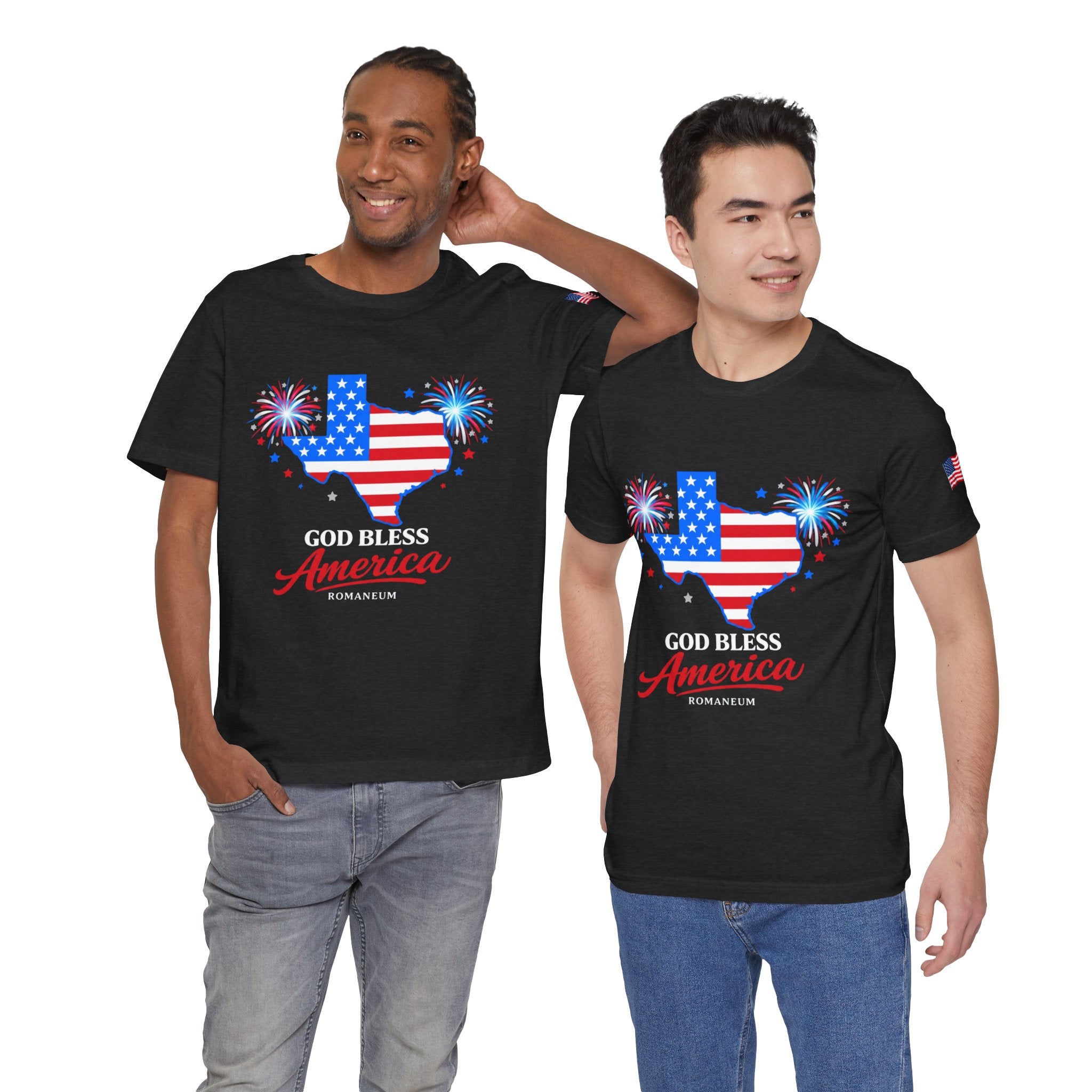 Romaneum God Bless America map tee | American flag outline, fireworks, patriotic shirt
