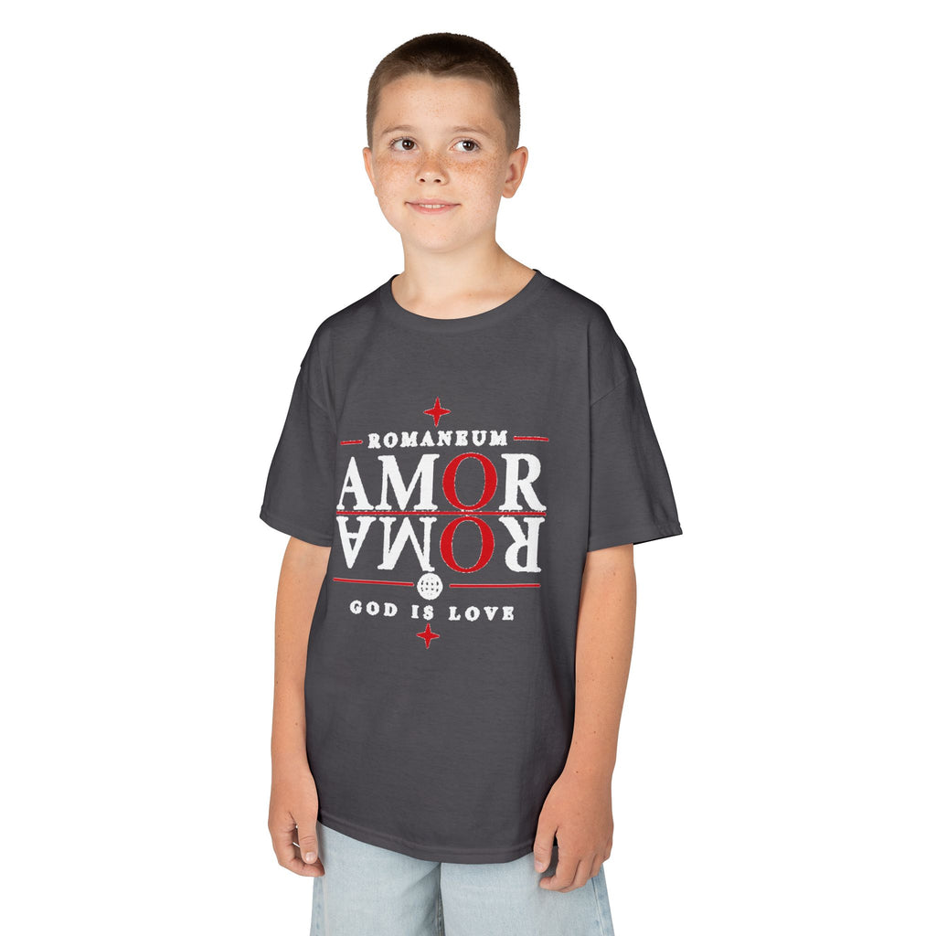 Kids Tee — "Amor Roma / God is Love" Religious Graphic Shirt