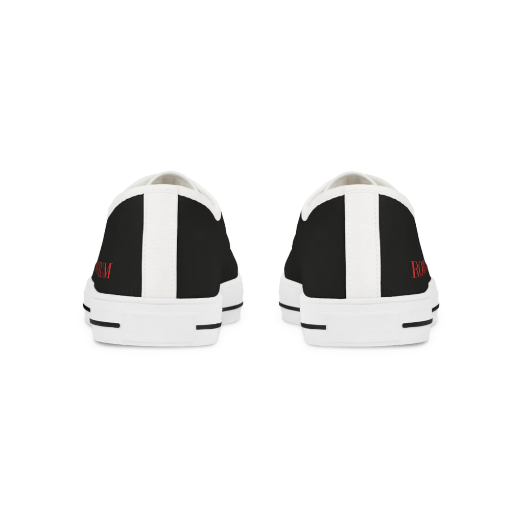 Low Top Sneakers — Black Canvas Casual Shoes with 'ROMA' Red Text
