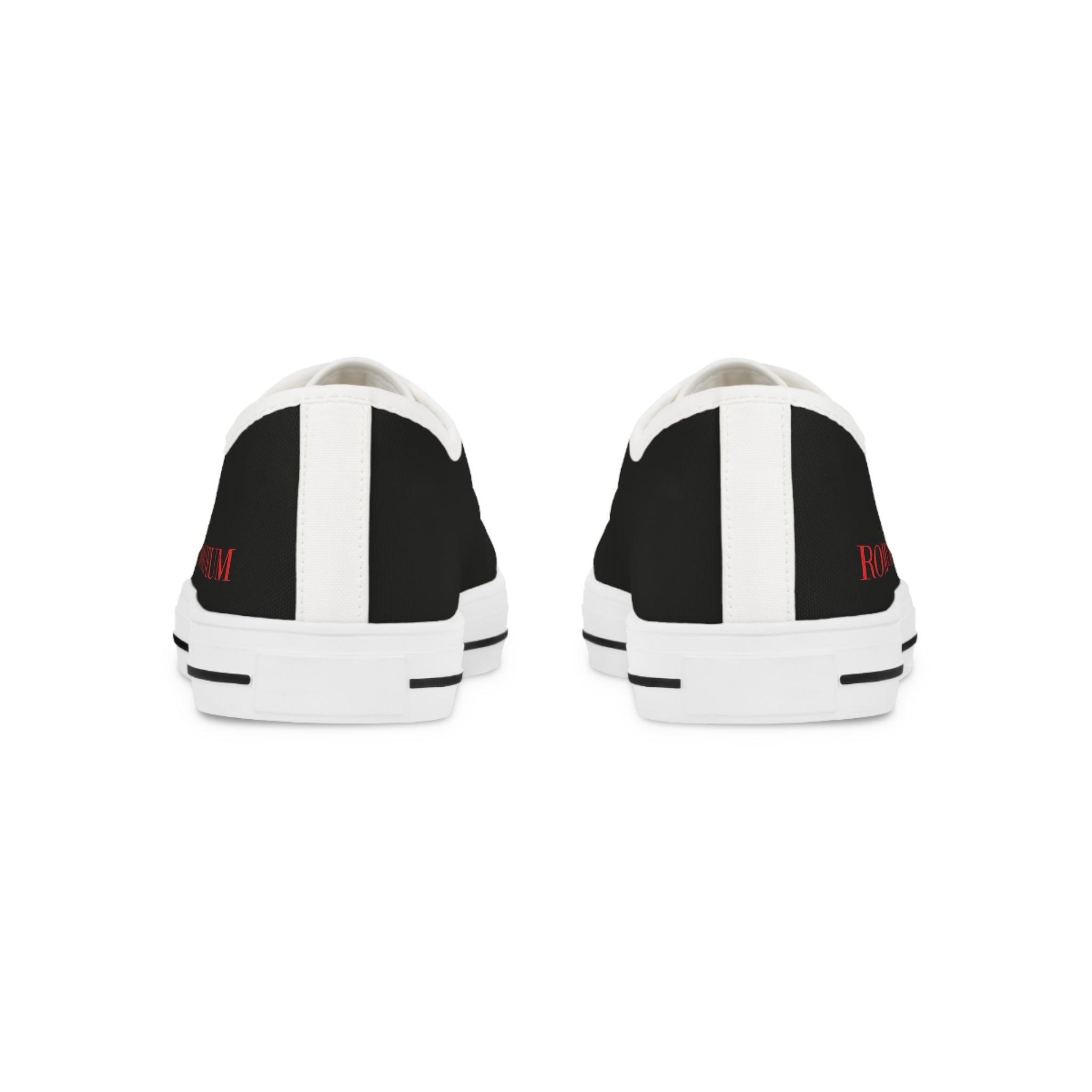 Low Top Sneakers — Black Canvas Casual Shoes with 'ROMA' Red Text