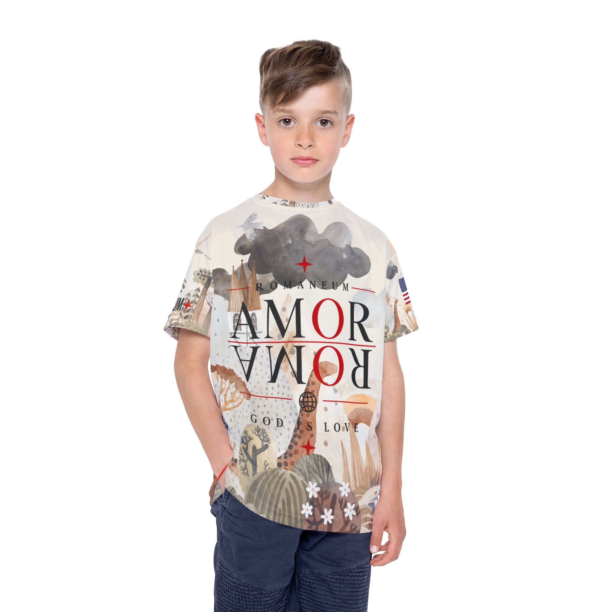 Kids All-Over Print Jersey — 'Amor Roma / God Is Love' Romaneum Sports Tee
