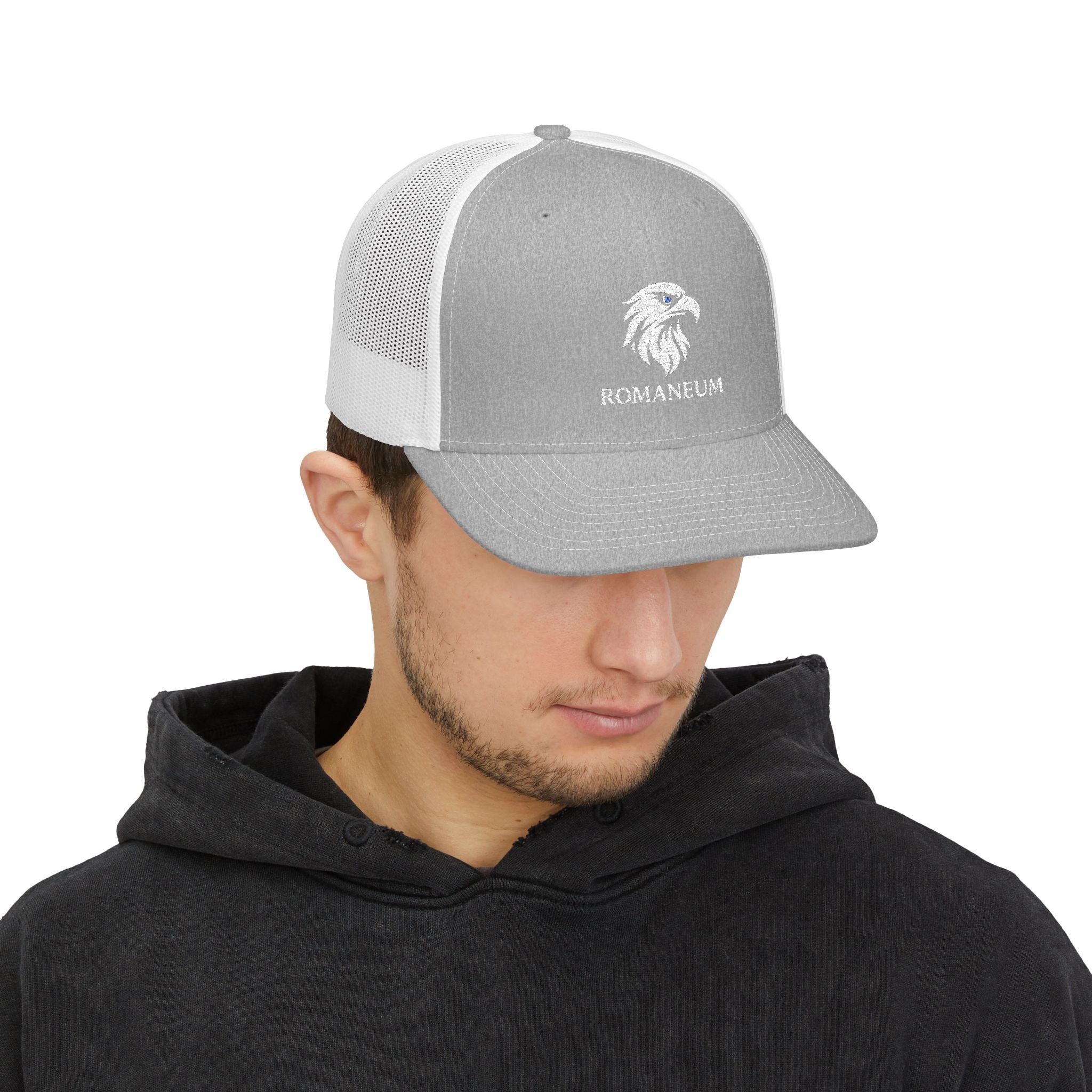 Eagle Head Romanem Trucker Cap | Embroidered Black White Mesh
