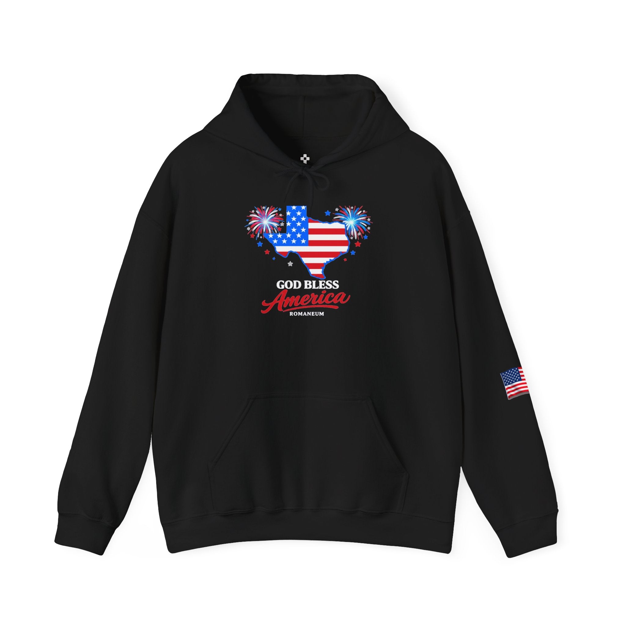 Romaneum God Bless America flag map Hoodie | American flag fireworks sleeve