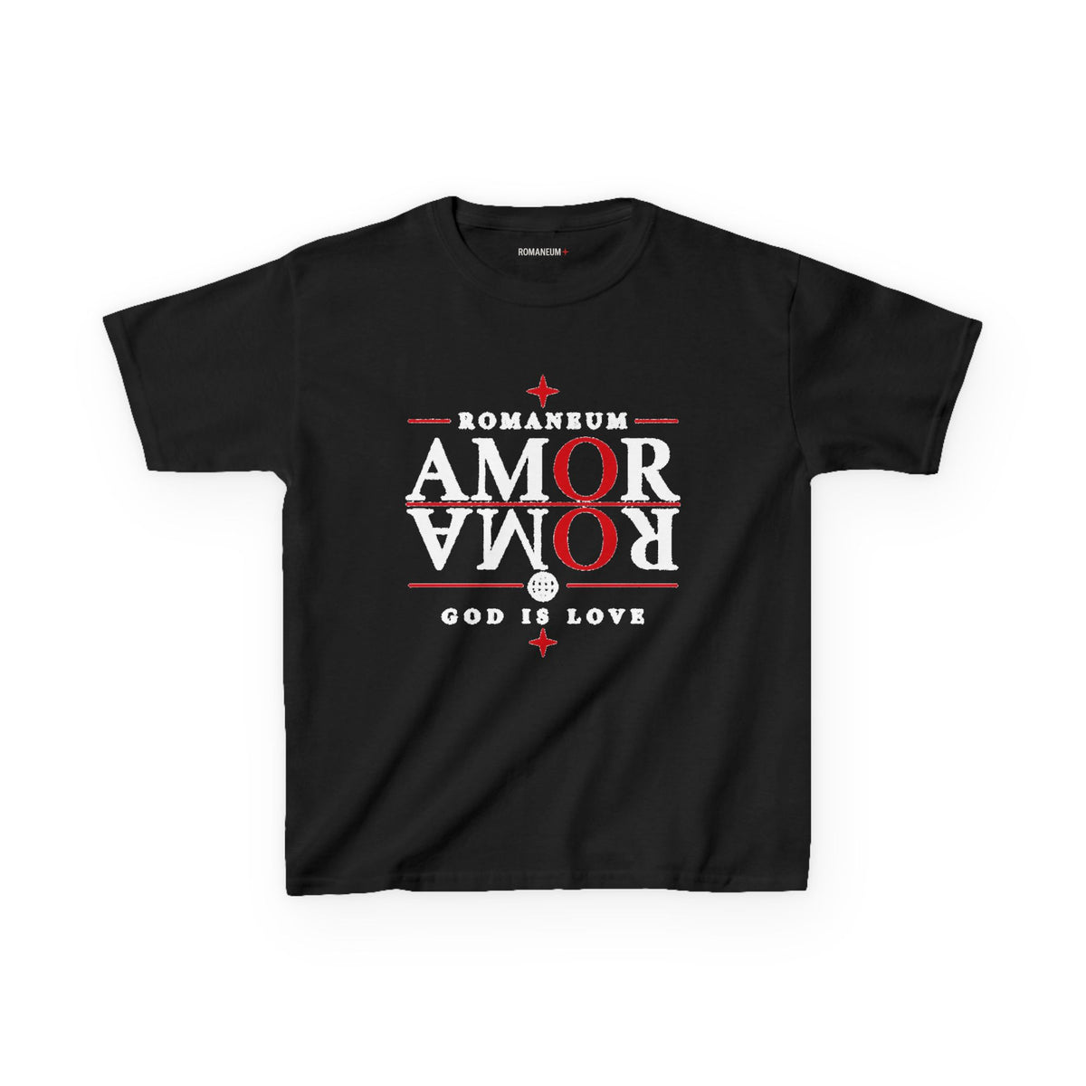 Kids Tee — "Amor Roma / God is Love" Religious Graphic Shirt