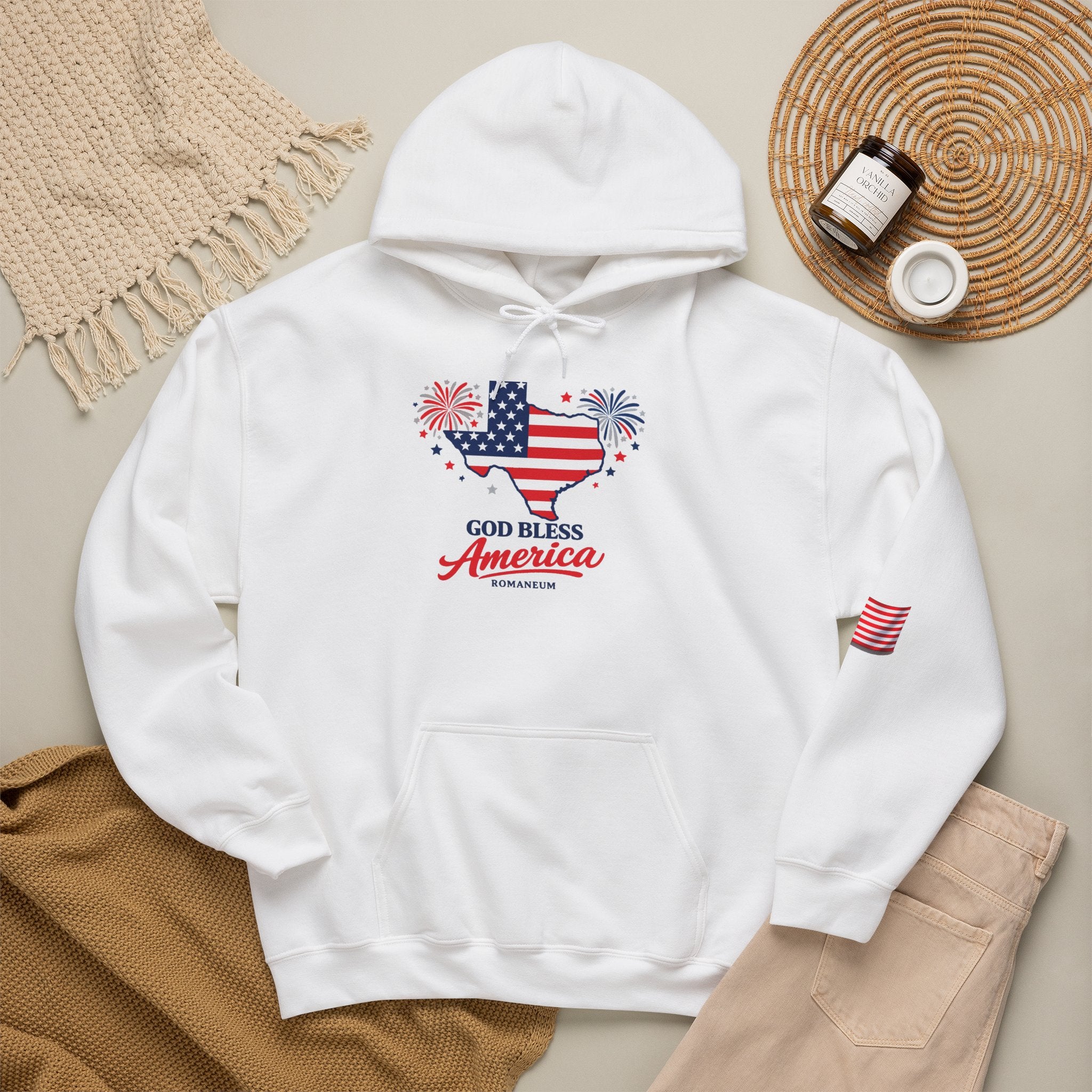 Romaneum God Bless America flag map Hoodie | American flag fireworks sleeve