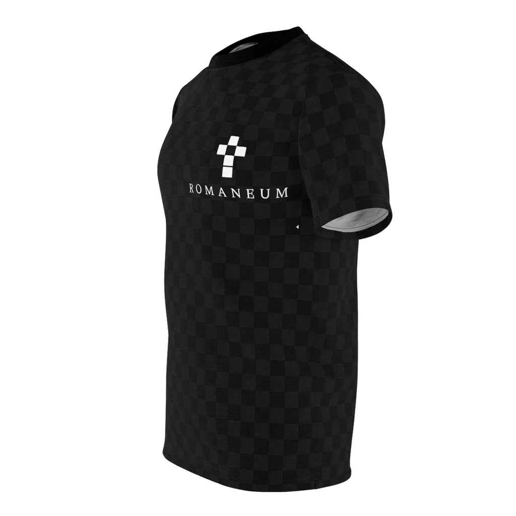 Black Checkered 'ROMANEUM' Logo Tee — All-Over Print Cut & Sew Shirt