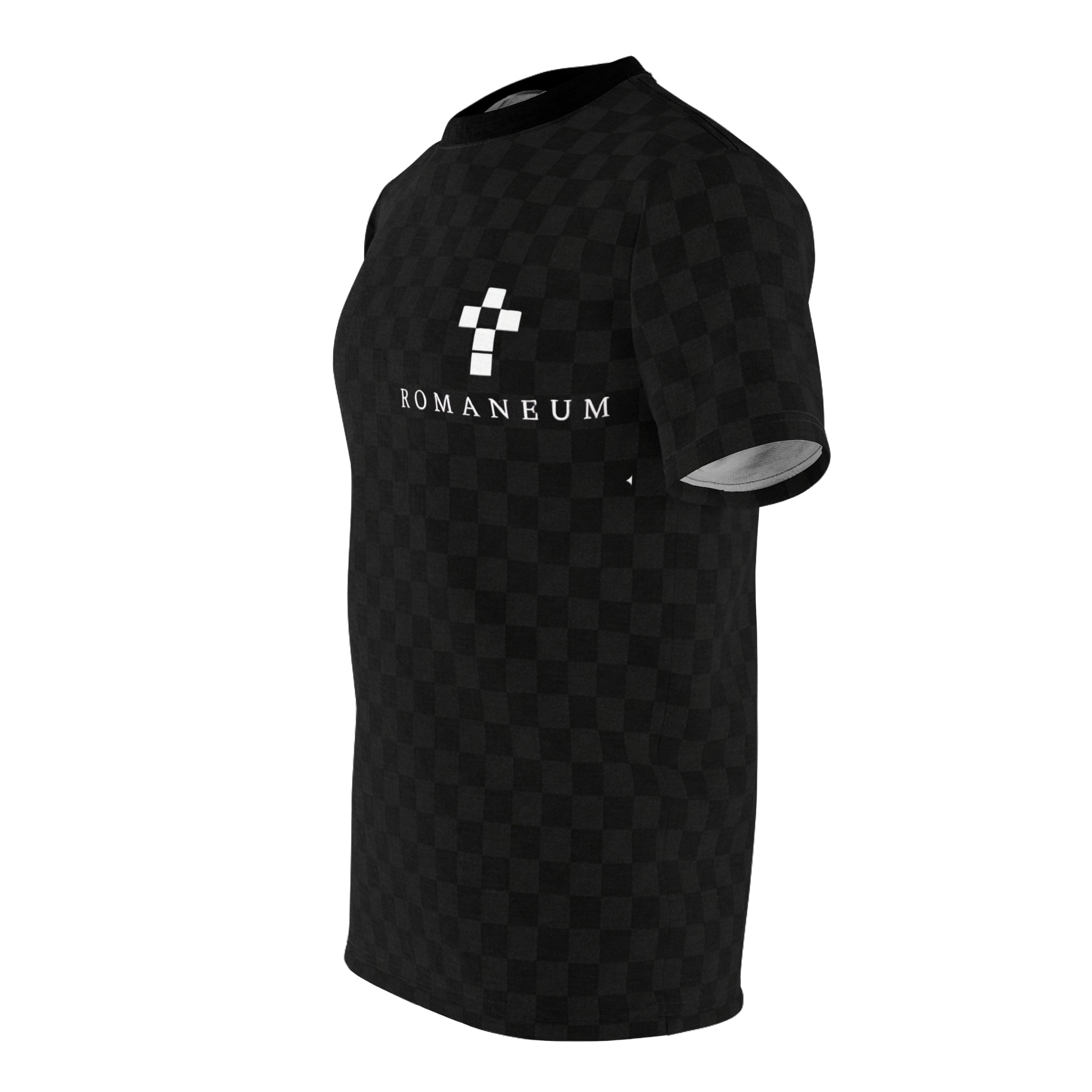 Black Checkered 'ROMANEUM' Logo Tee — All-Over Print Cut & Sew Shirt