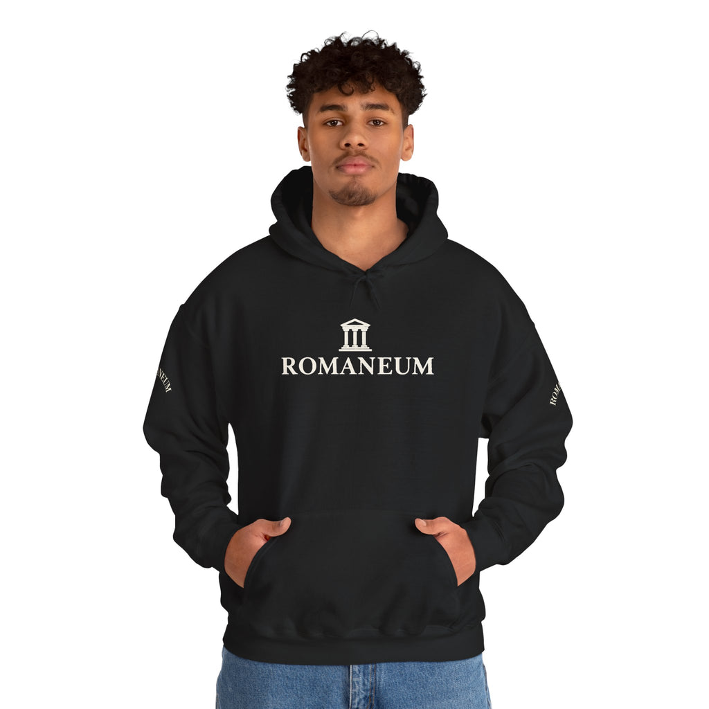 Romaneum Logo Hoodie – Classic Black Pullover with Roman Temple Design